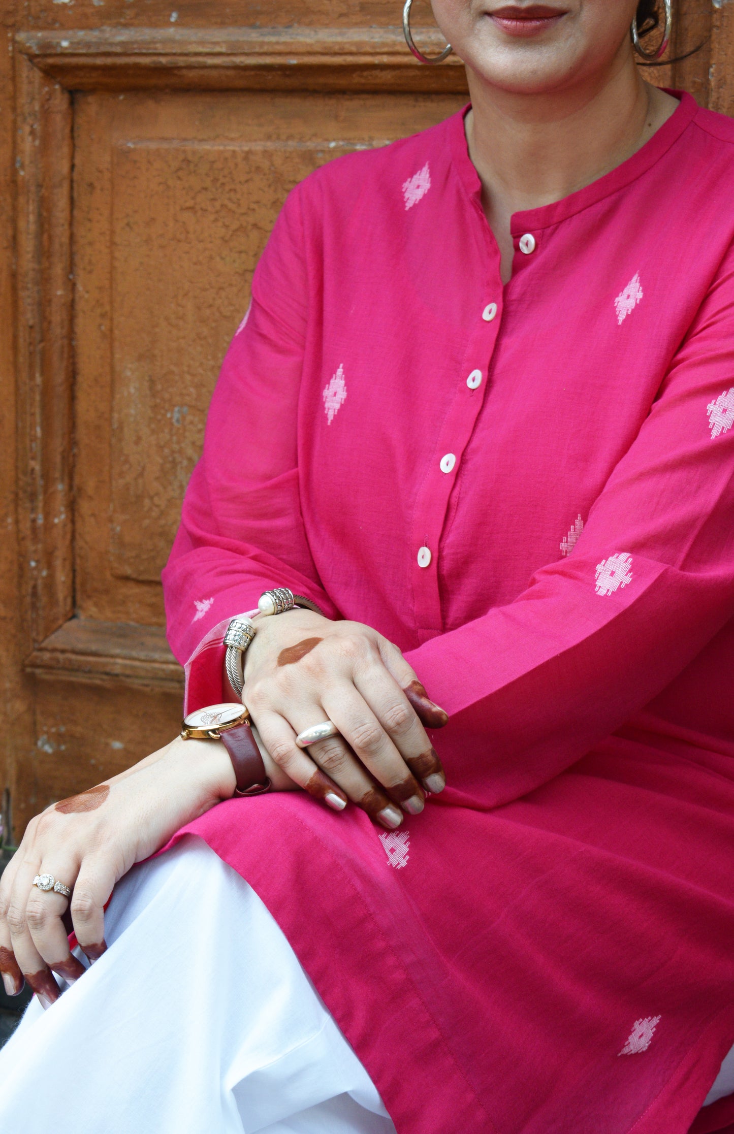 Rani Pink Jamdani Kurta with placket