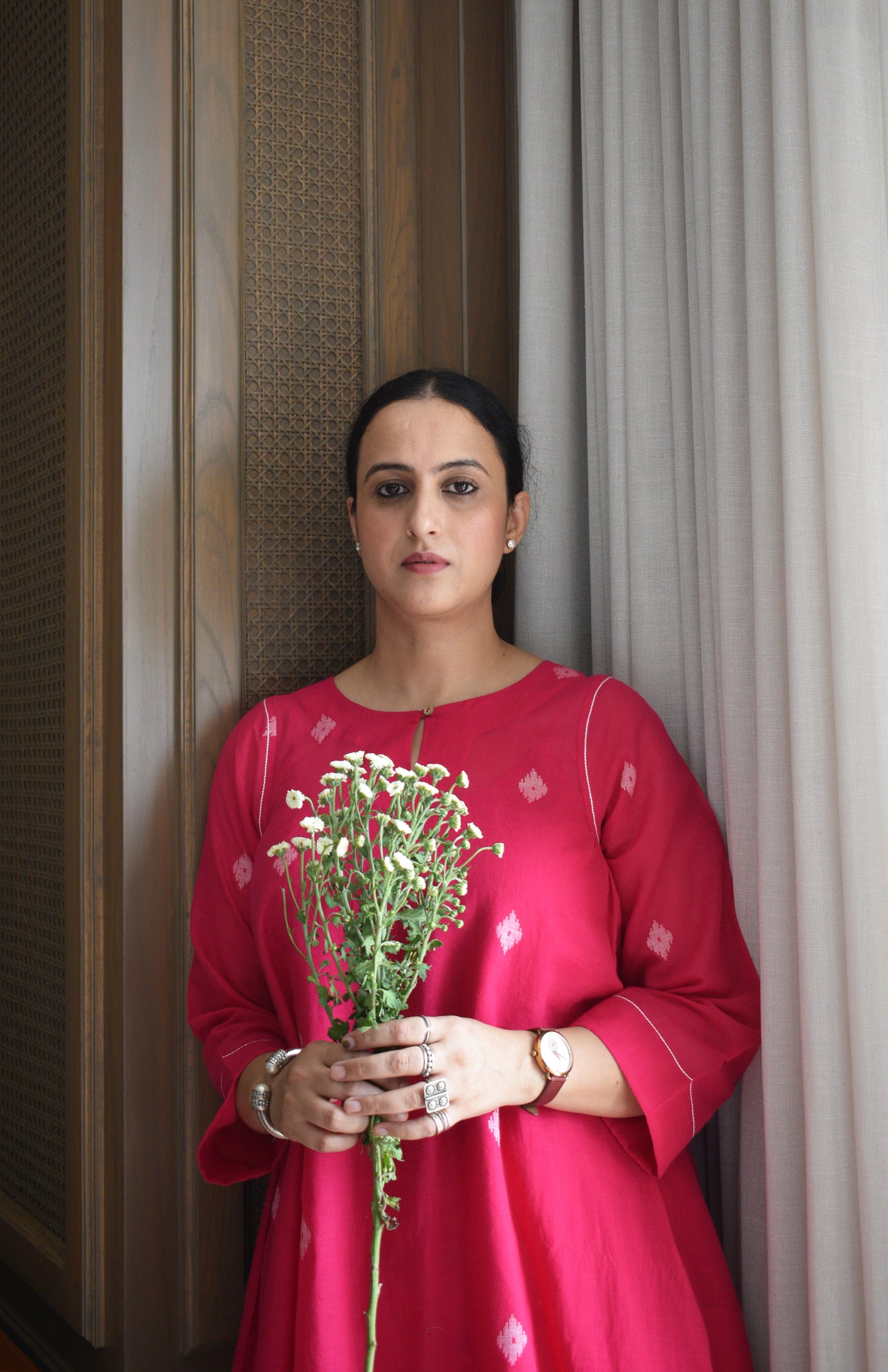 Rani pink Jamdani kurta with side gathers