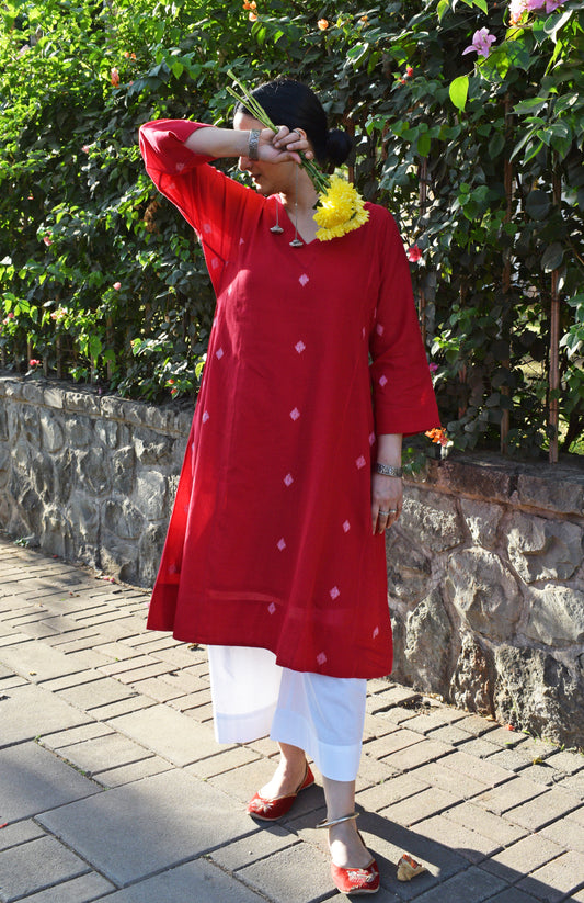 Red Jamdani Phiran with White Pyjama