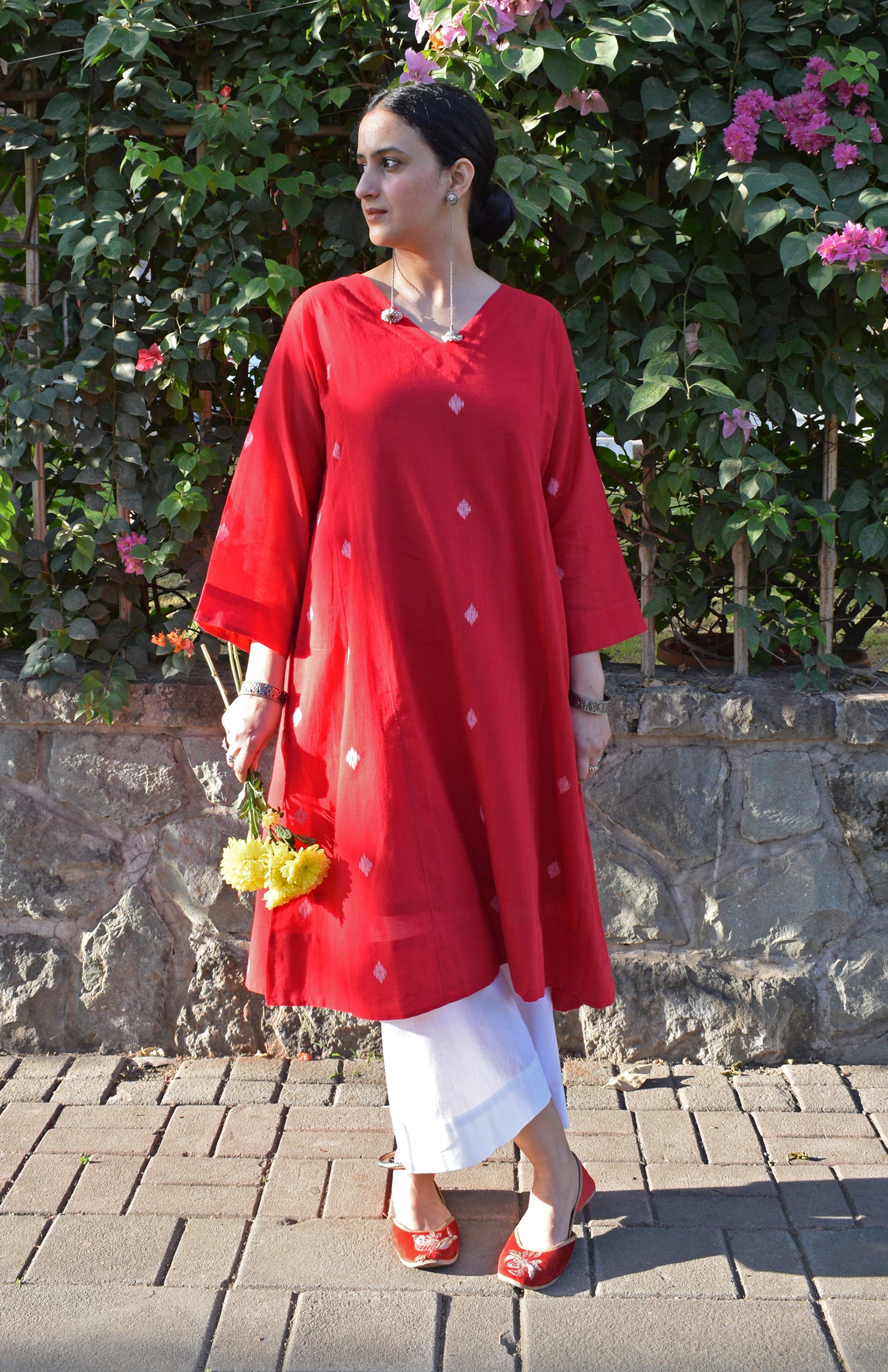 Red Jamdani Phiran with White Pyjama