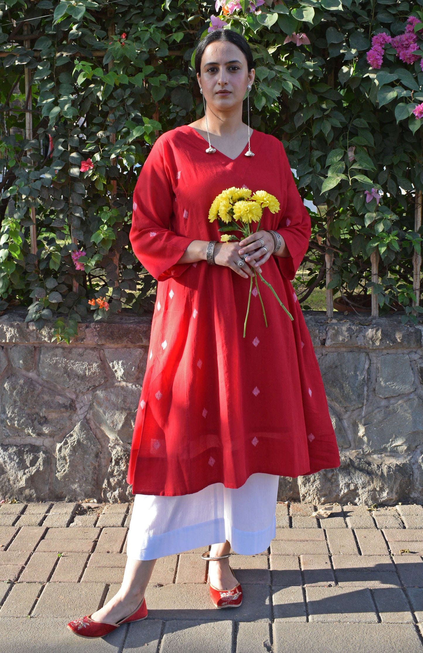 Red Jamdani Phiran with White Pyjama