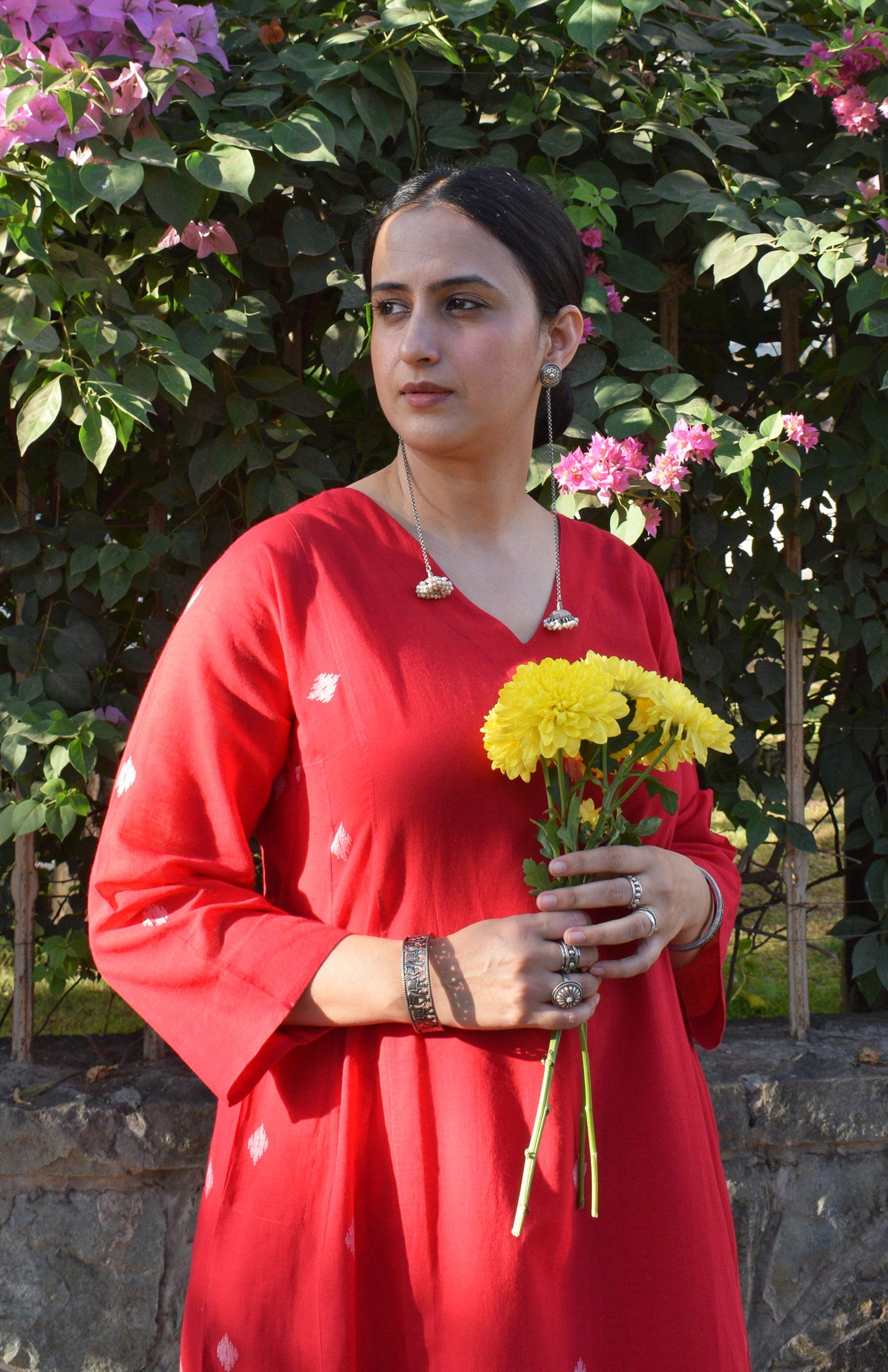 Red Jamdani Phiran with White Pyjama