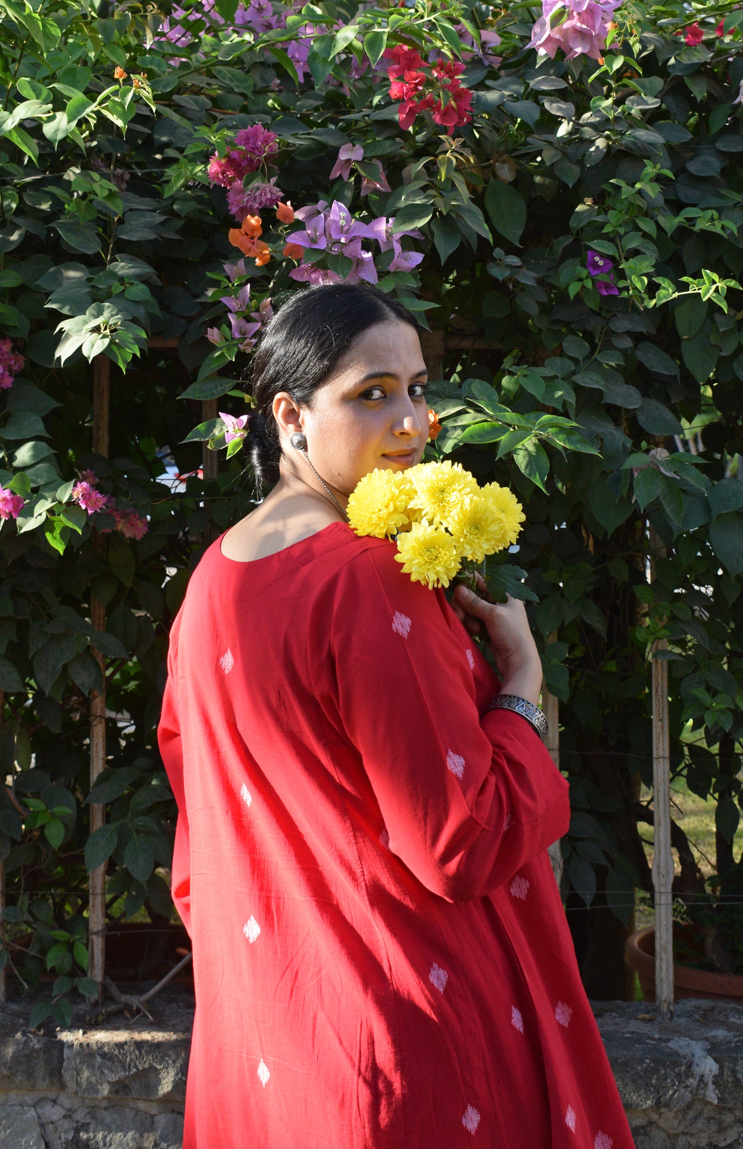 Red Jamdani Phiran with White Pyjama