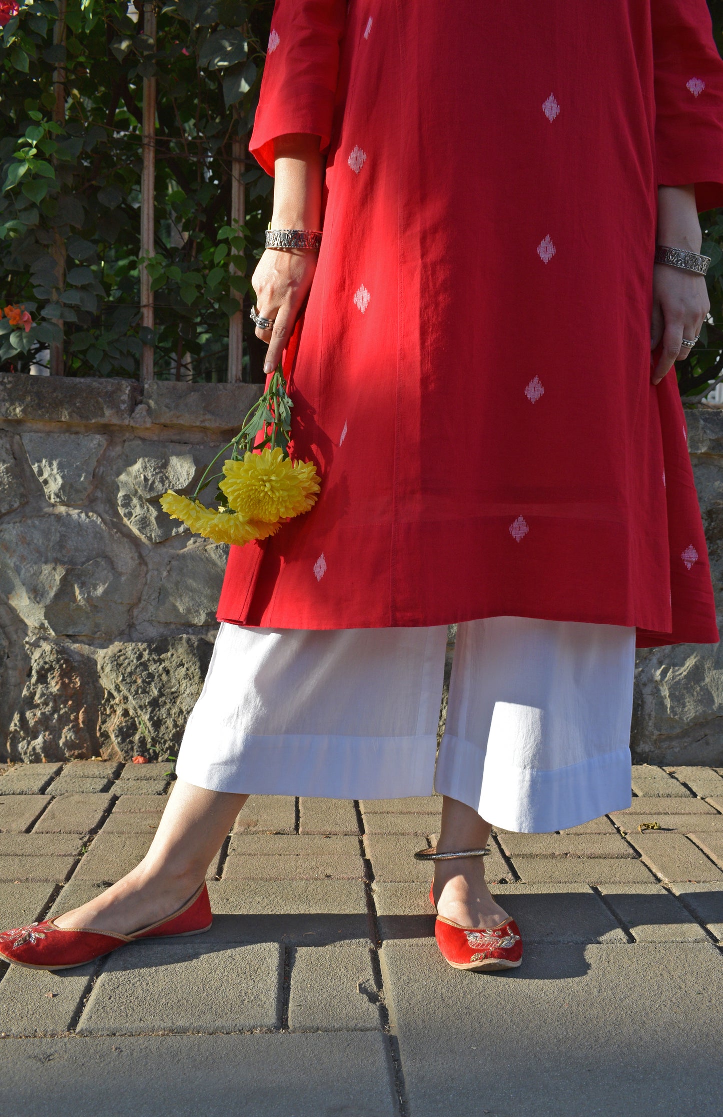 Red Jamdani Phiran with White Pyjama