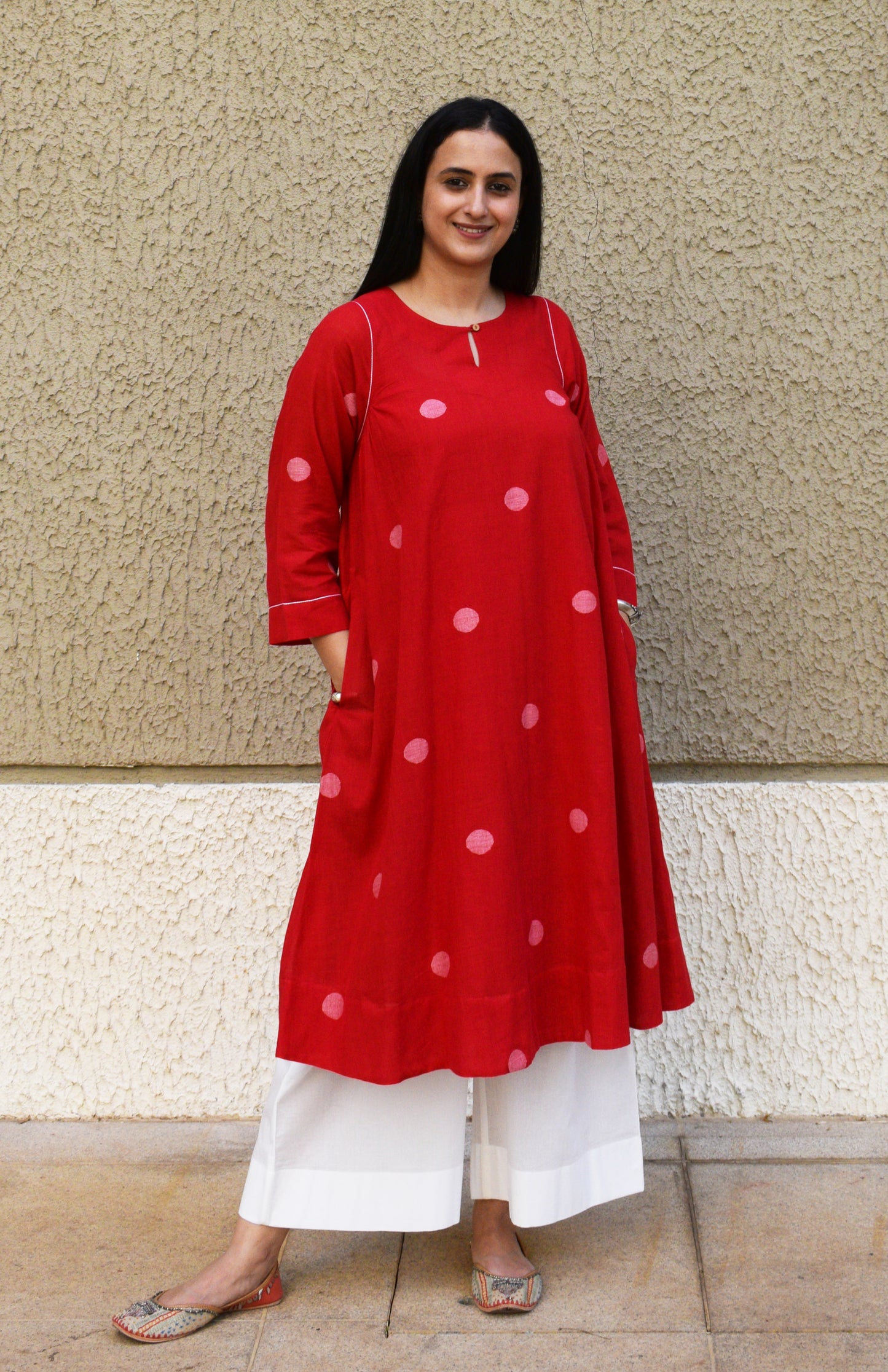 Red Polka Dot Jamdani kurta with side gathers