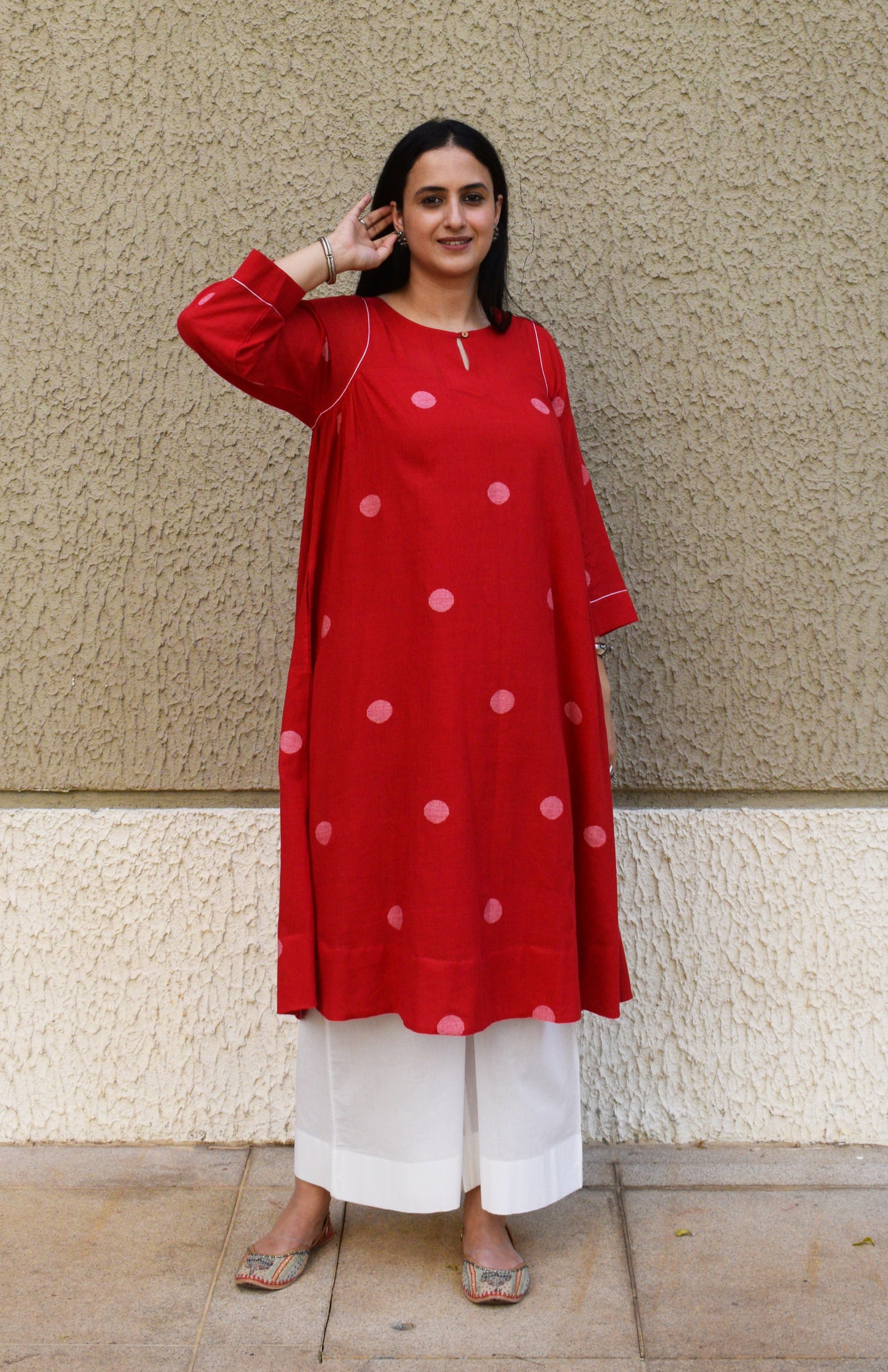 Red Polka Dot Jamdani kurta with side gathers