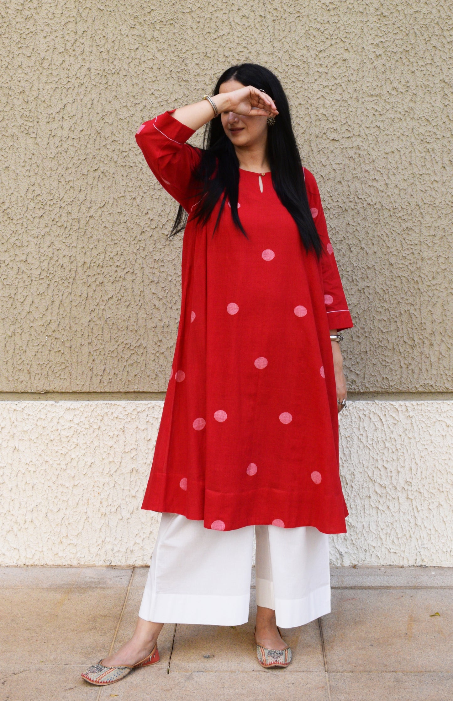 Red Polka Dot Jamdani kurta with side gathers