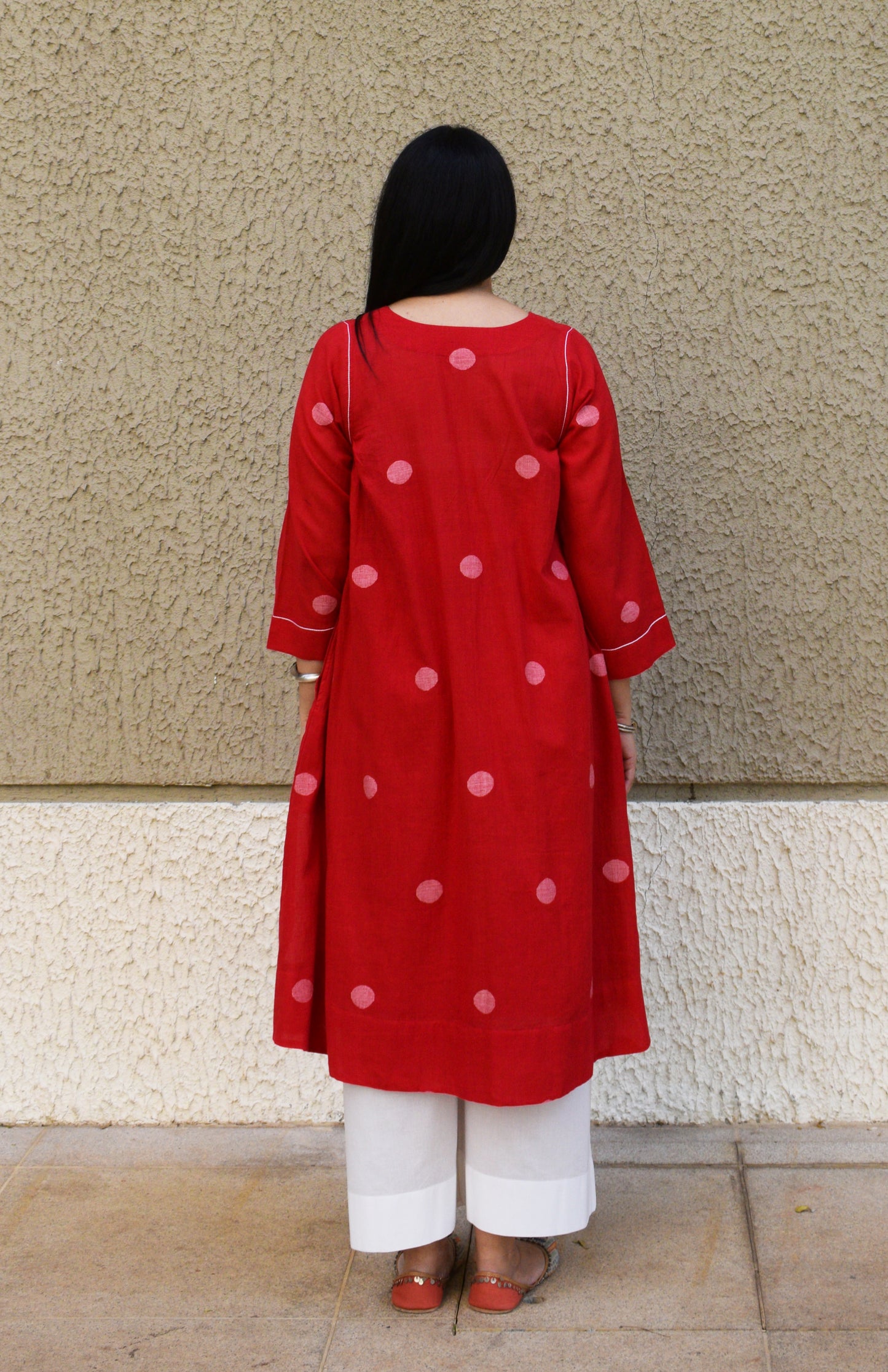 Red Polka Dot Jamdani kurta with side gathers