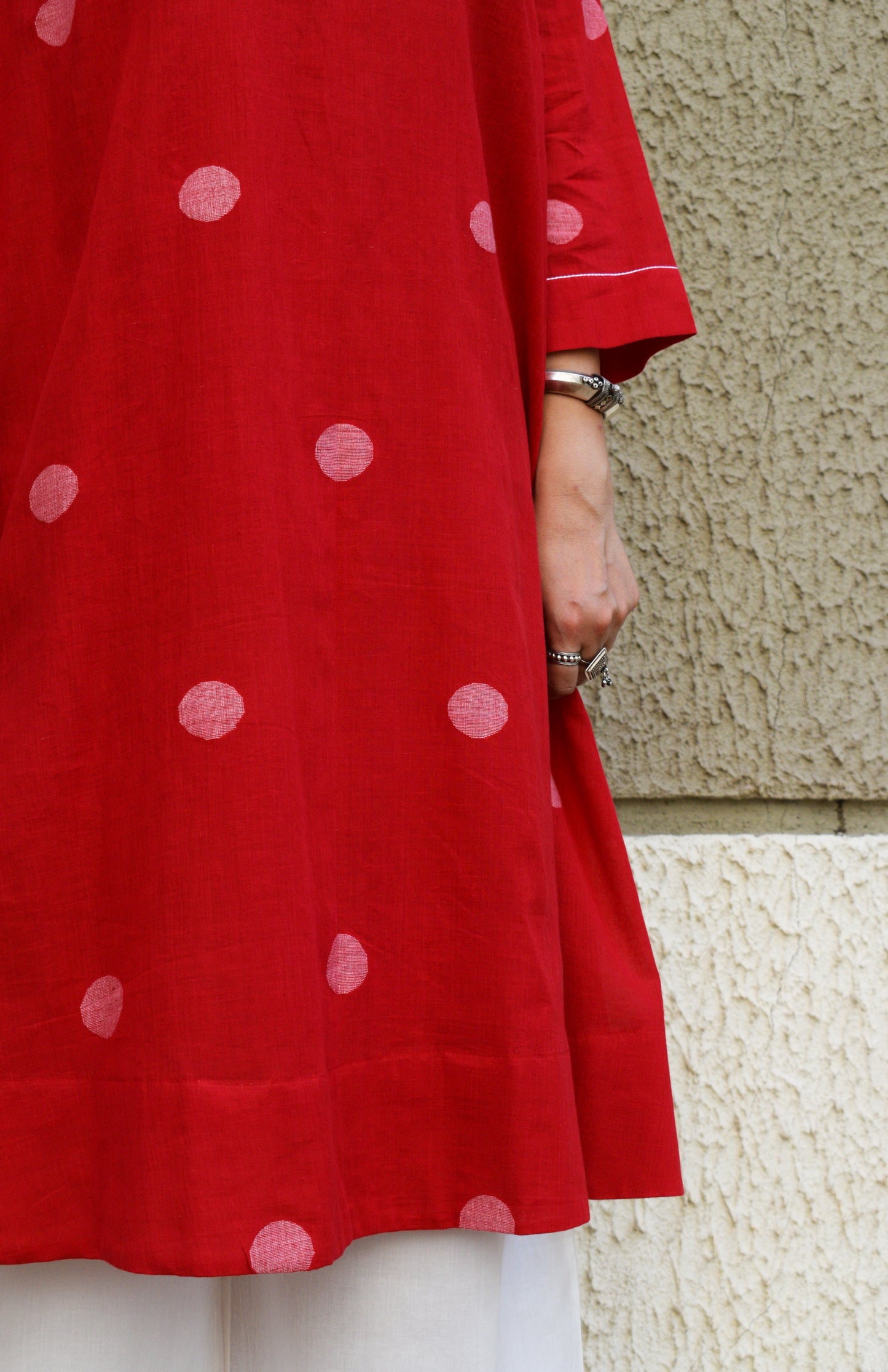 Red Polka Dot Jamdani kurta with side gathers