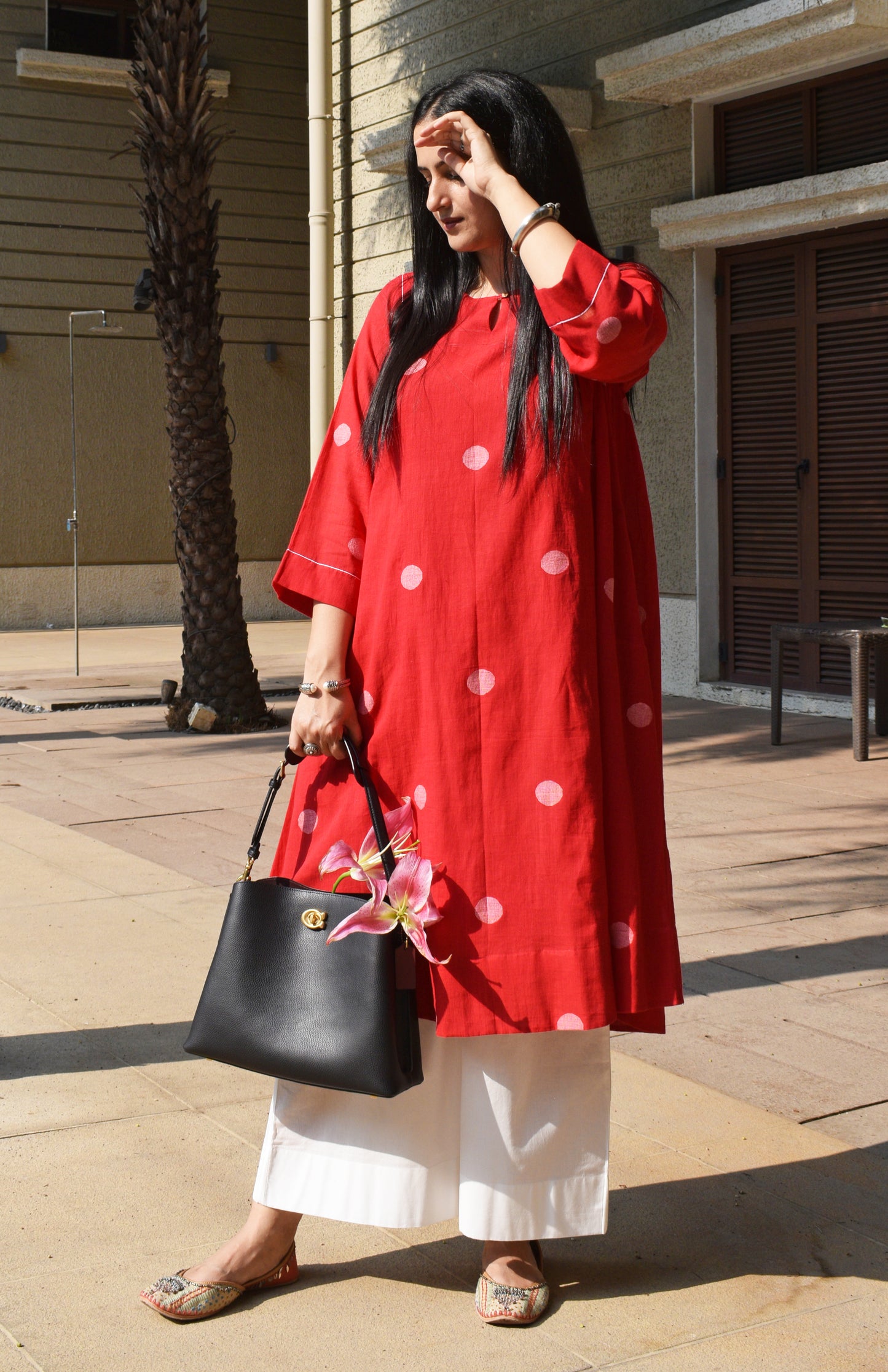 Red Polka Dot Jamdani kurta with side gathers