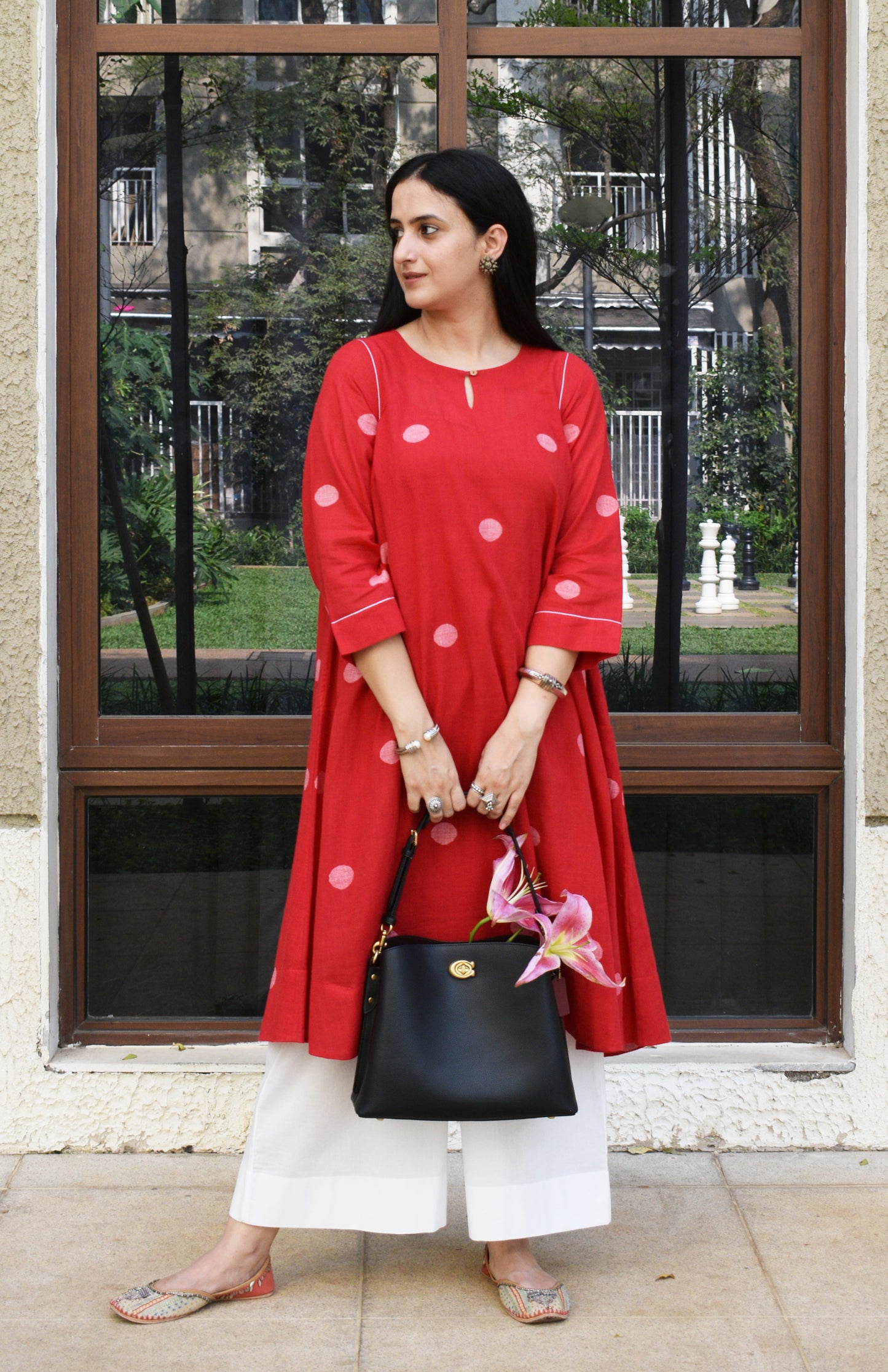 Red Polka Dot Jamdani kurta with side gathers