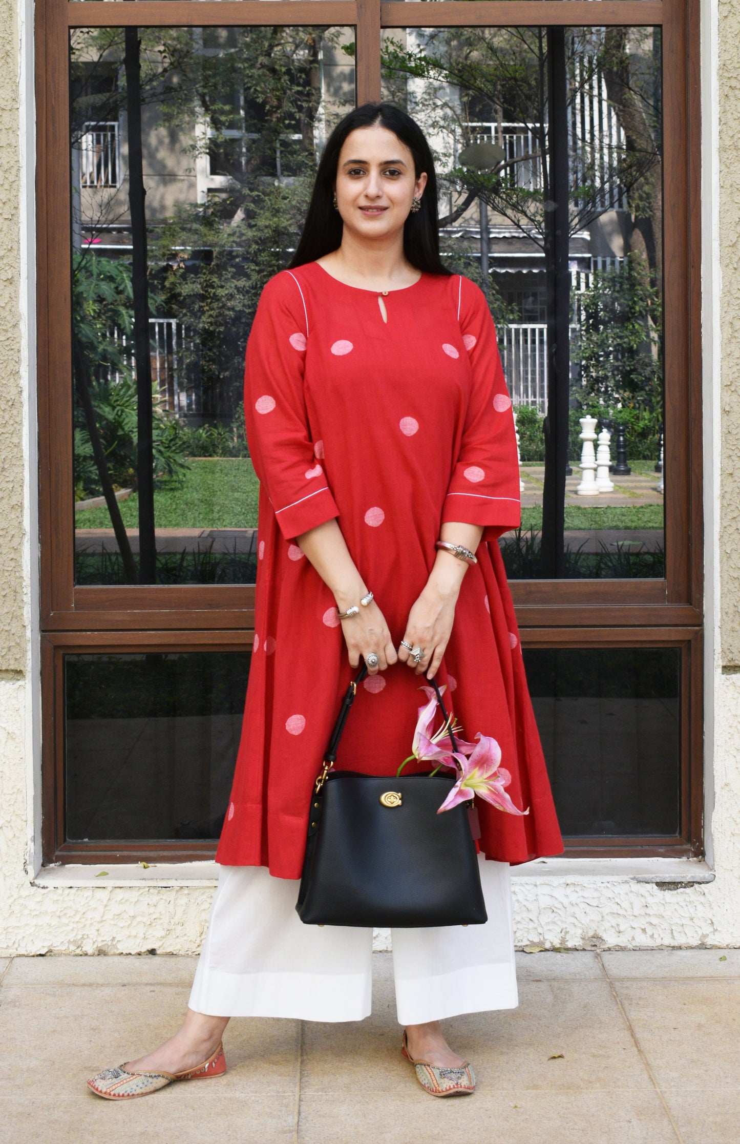 Red Polka Dot Jamdani kurta with side gathers