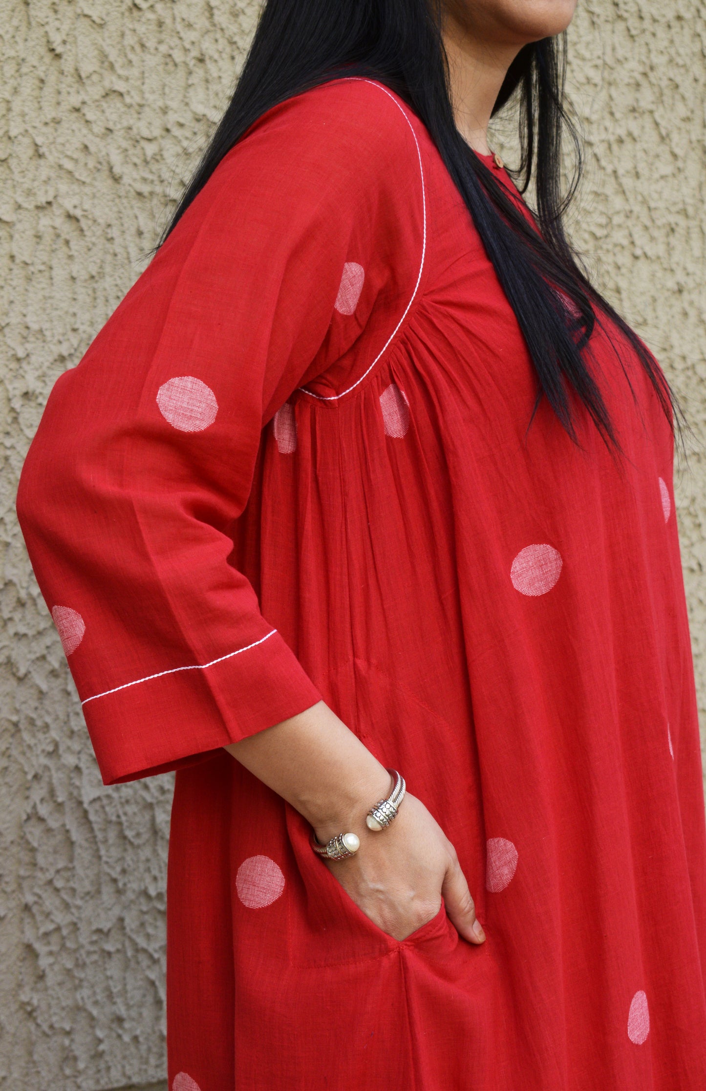 Red Polka Dot Jamdani kurta with side gathers