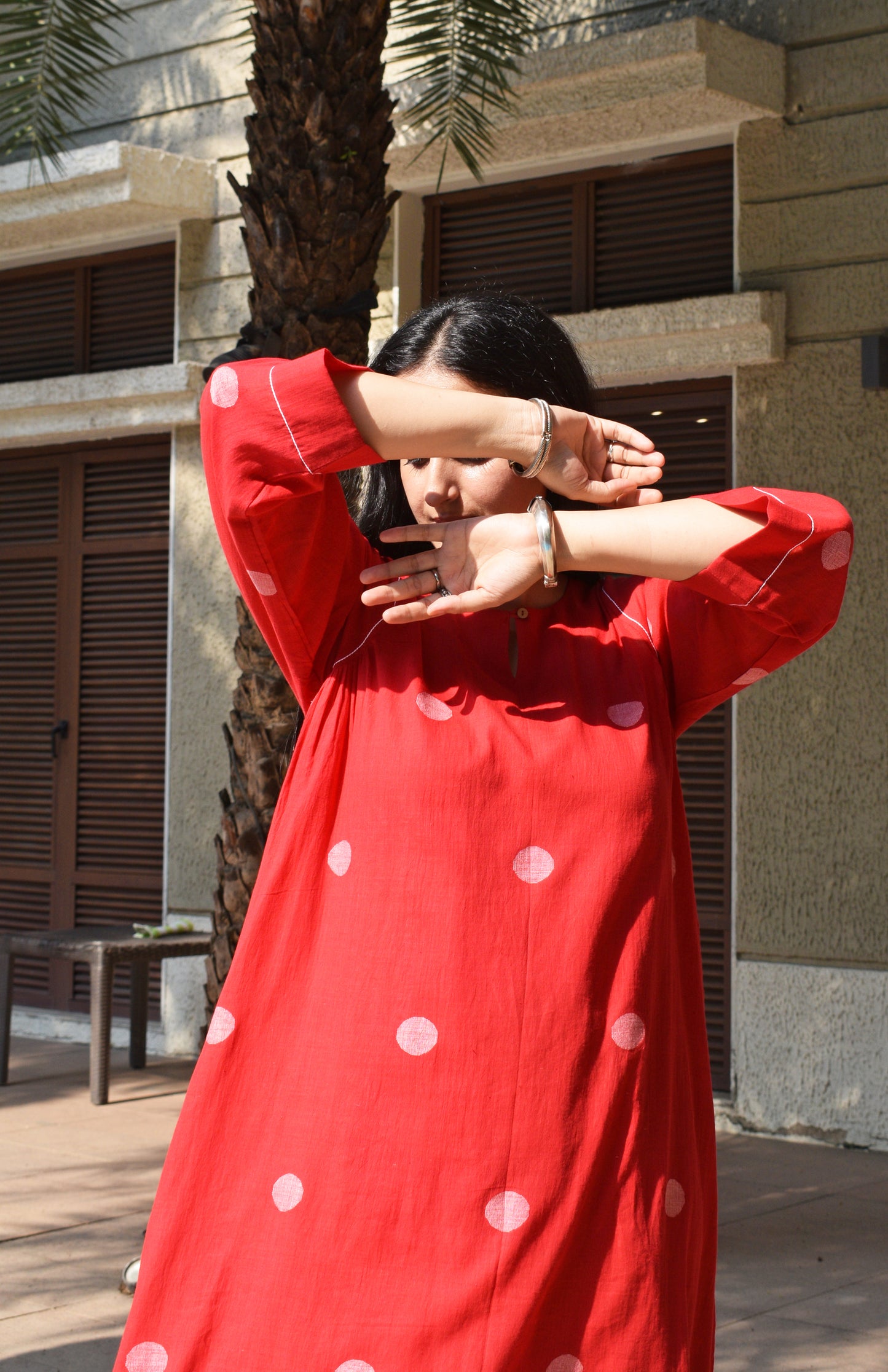 Red Polka Dot Jamdani kurta with side gathers