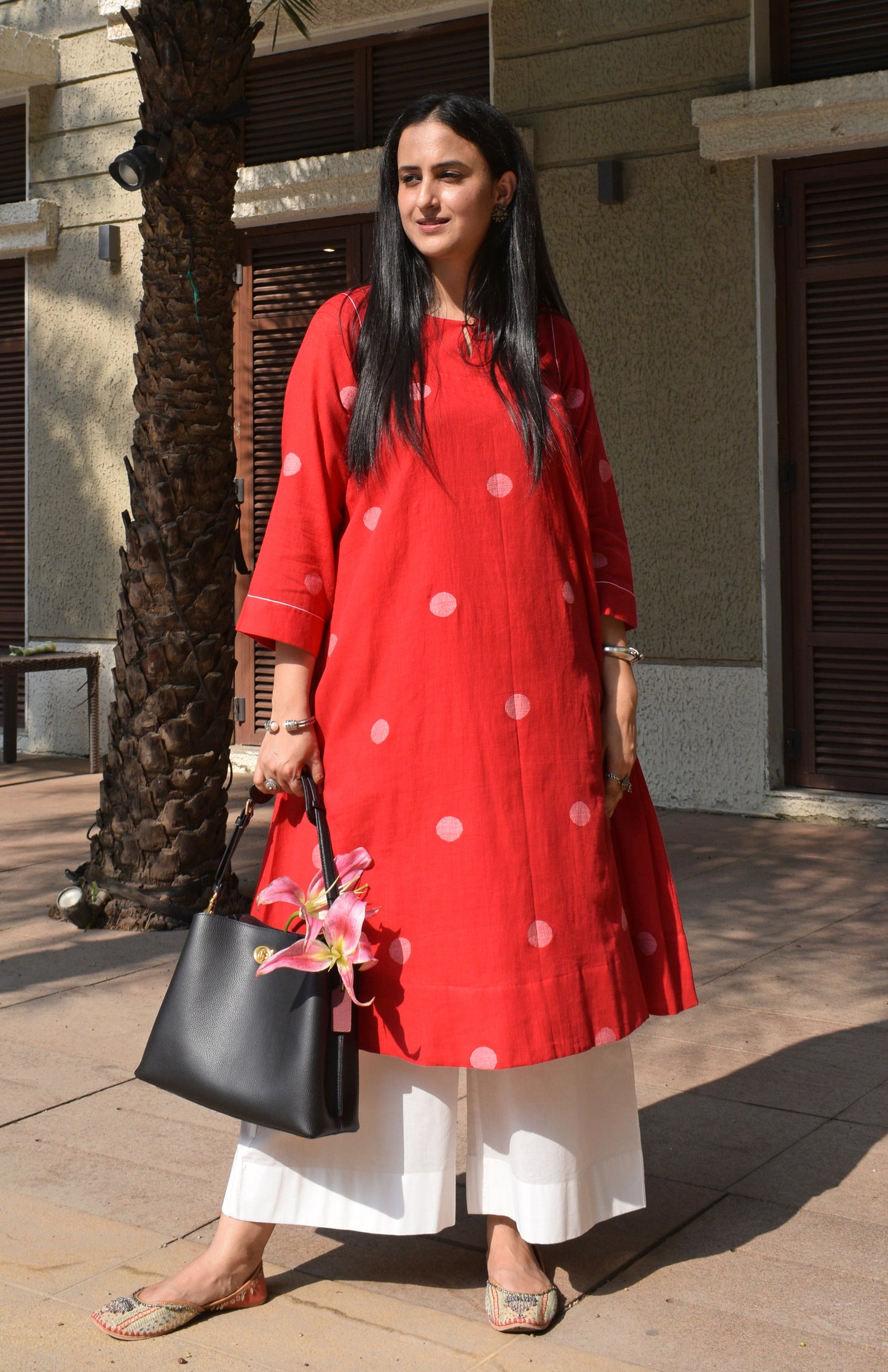 Red Polka Dot Jamdani kurta with side gathers