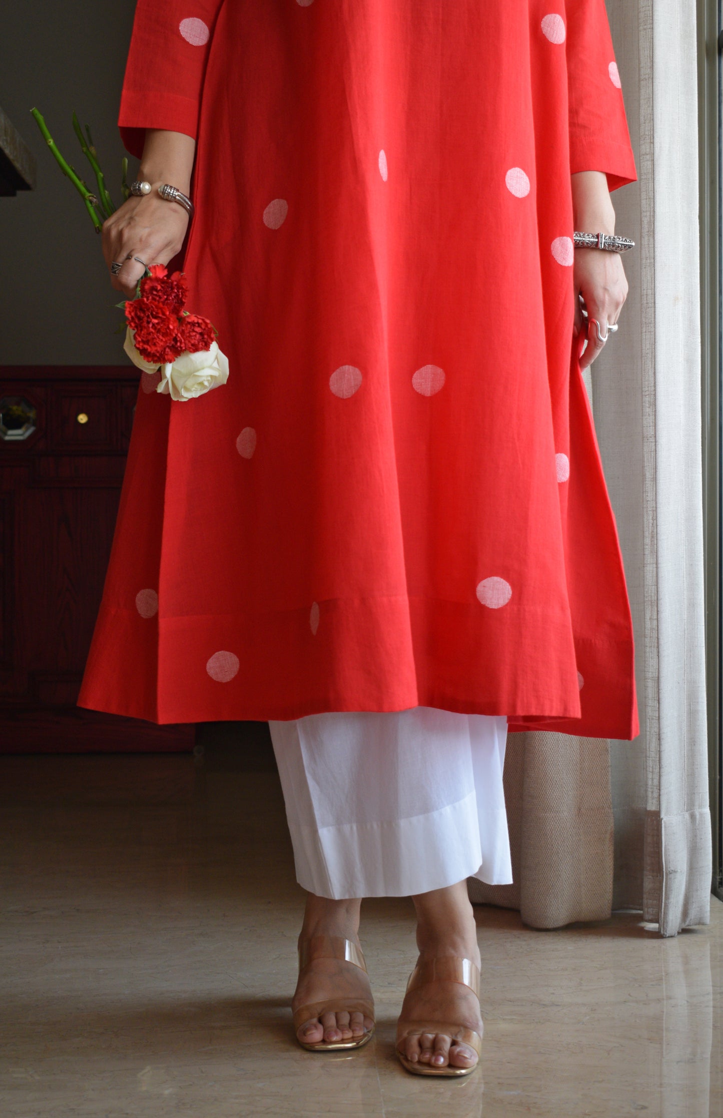 Red Jamdani A Line Kurta with White Pyjama