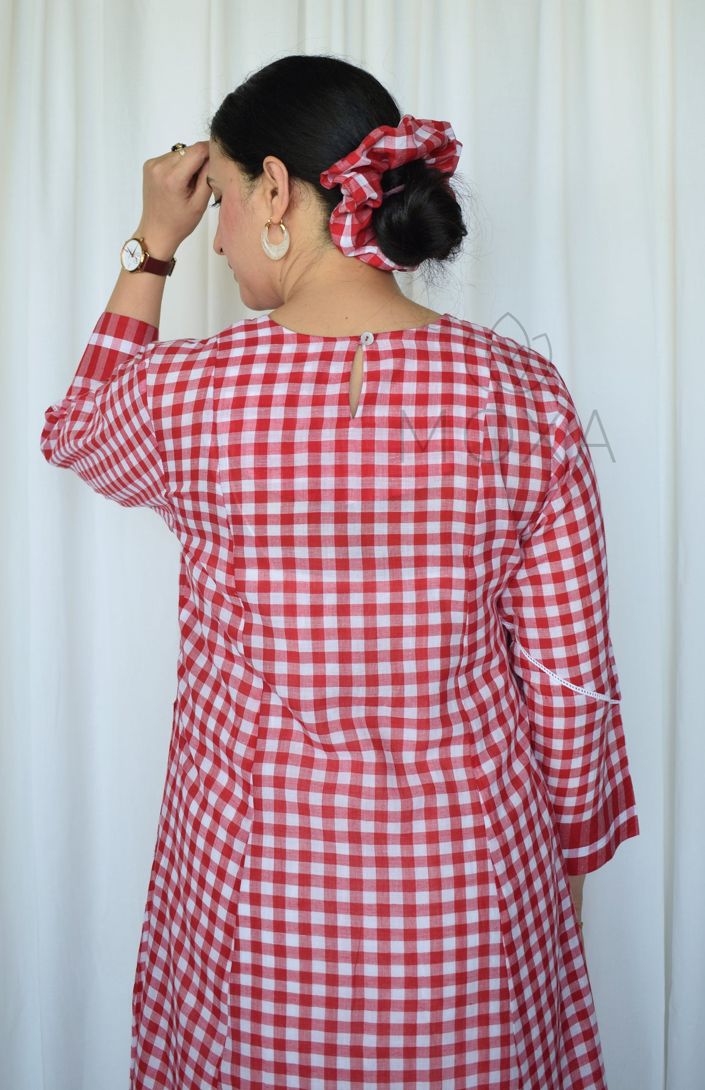 Poppy Red Kurta with Yoke in Handloom Checks