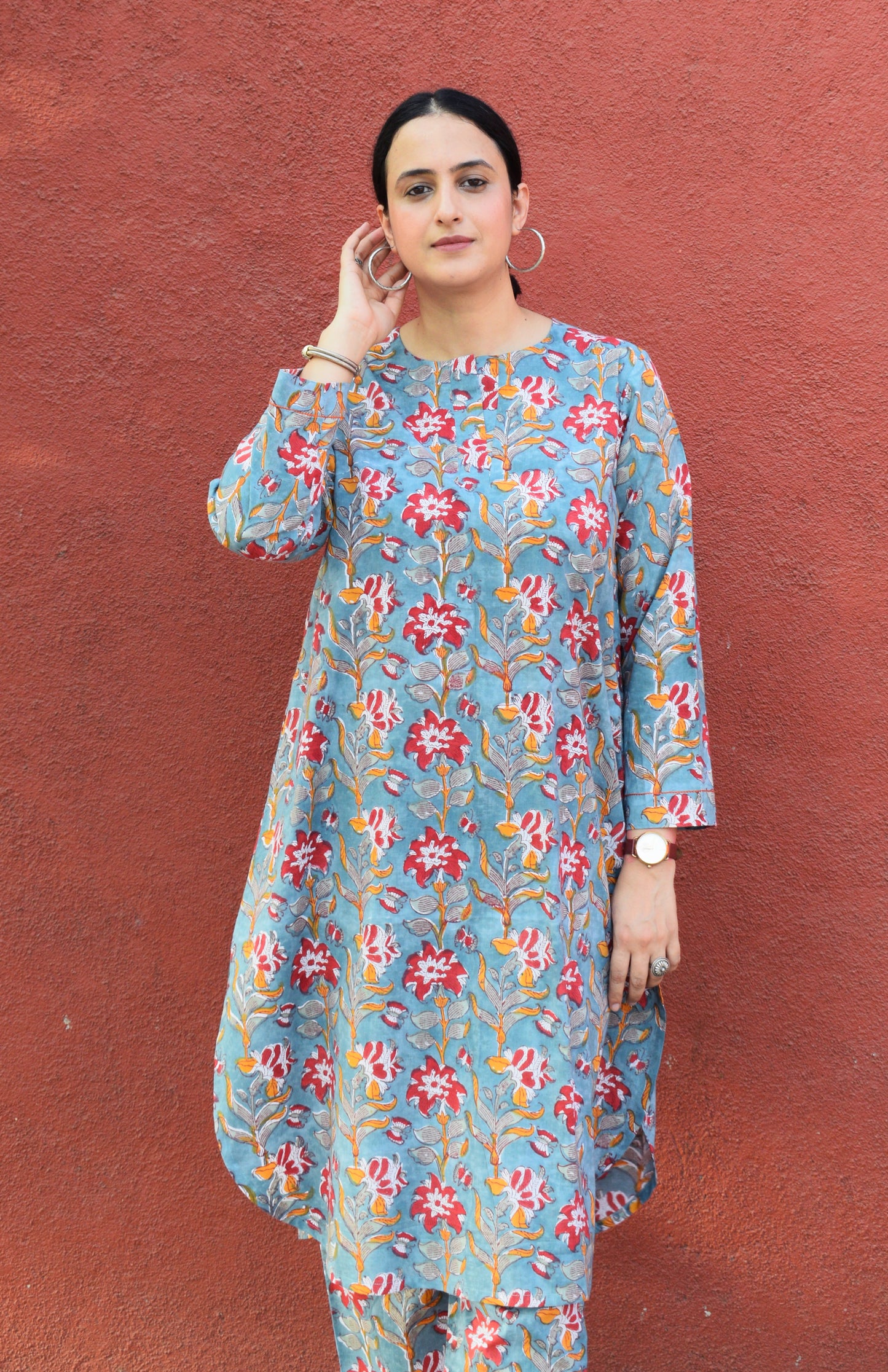 Sea green Hand Block Printed Floral Co-ord Set