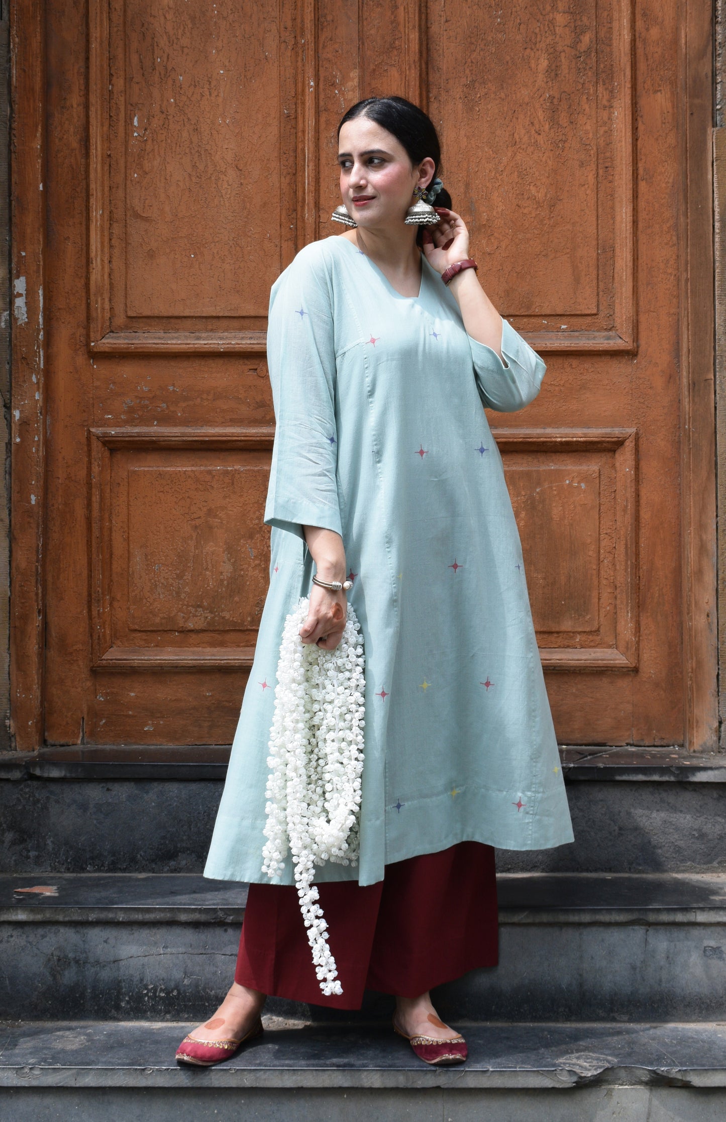 Sea Green Jamdani Phiran with Maroon Pyjama