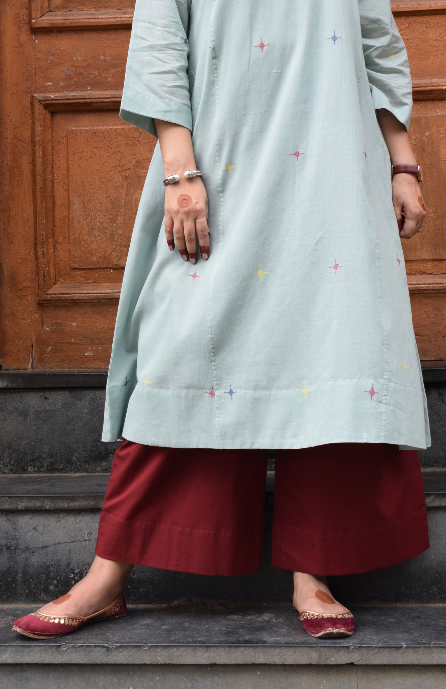 Sea Green Jamdani Phiran with Maroon Pyjama