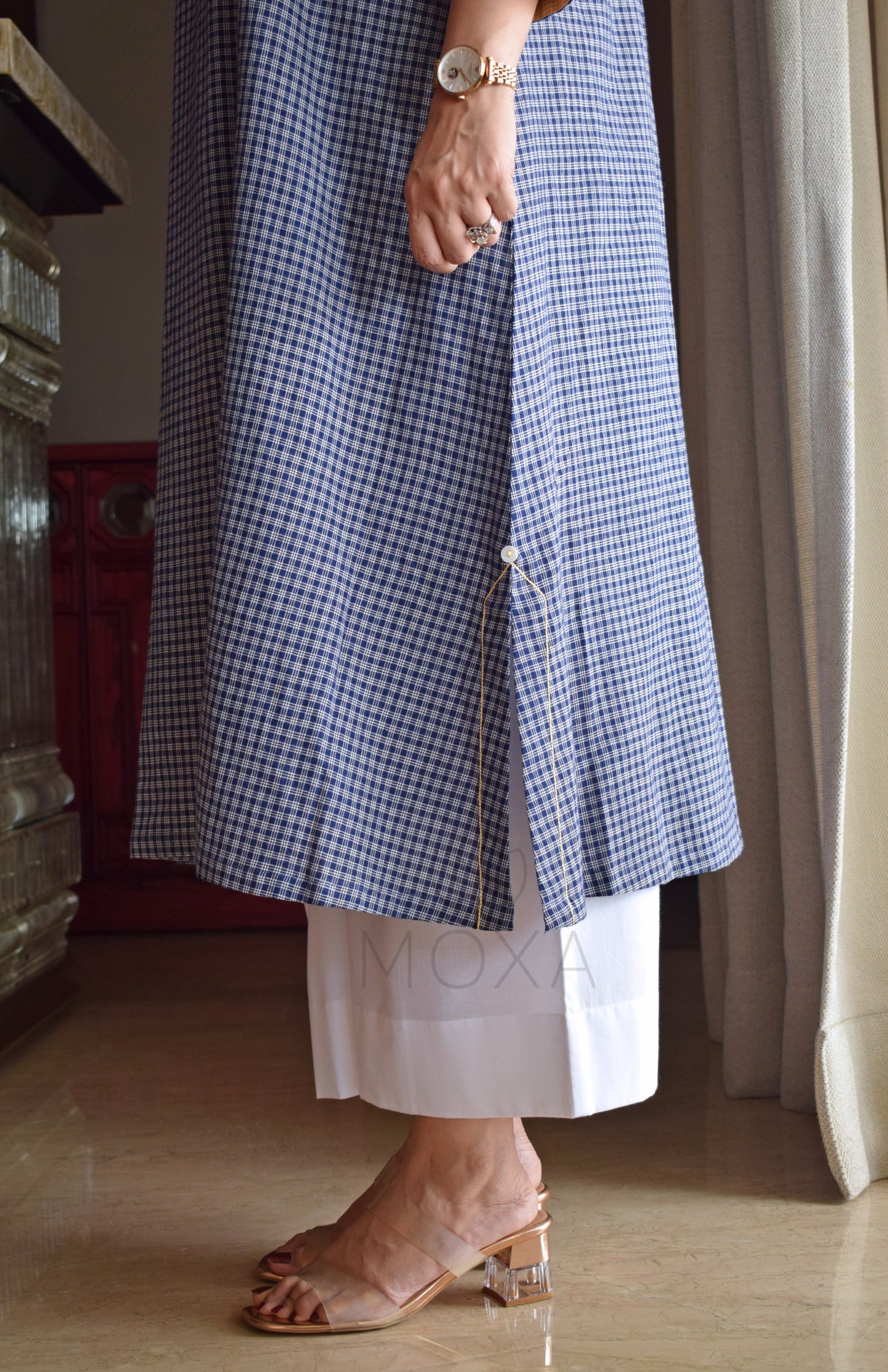 Ink Blue Checks A Line Kurta in Handloom Cotton