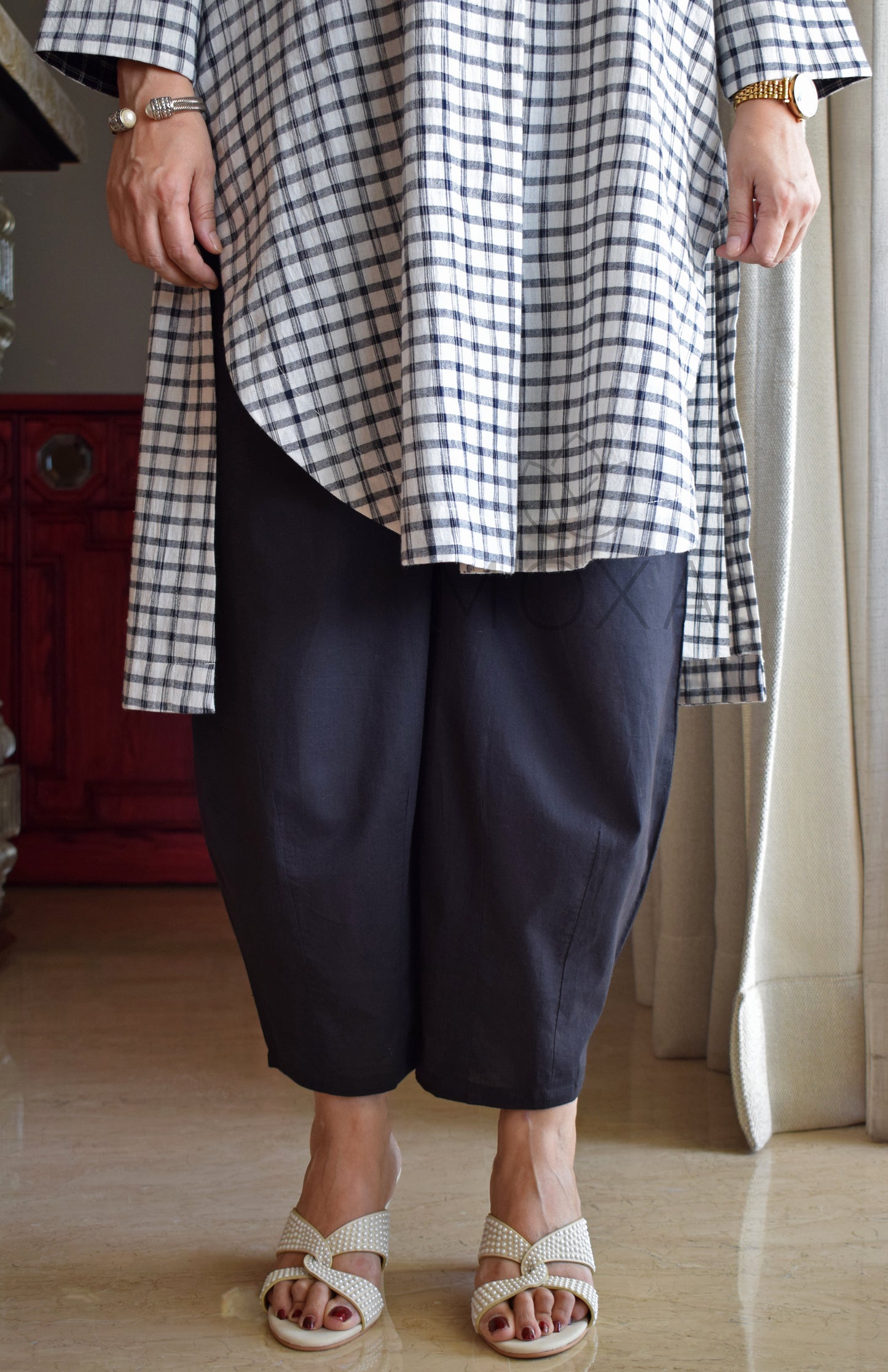 Off-White Checks Kurta in Handloom Cotton with Black Pajama