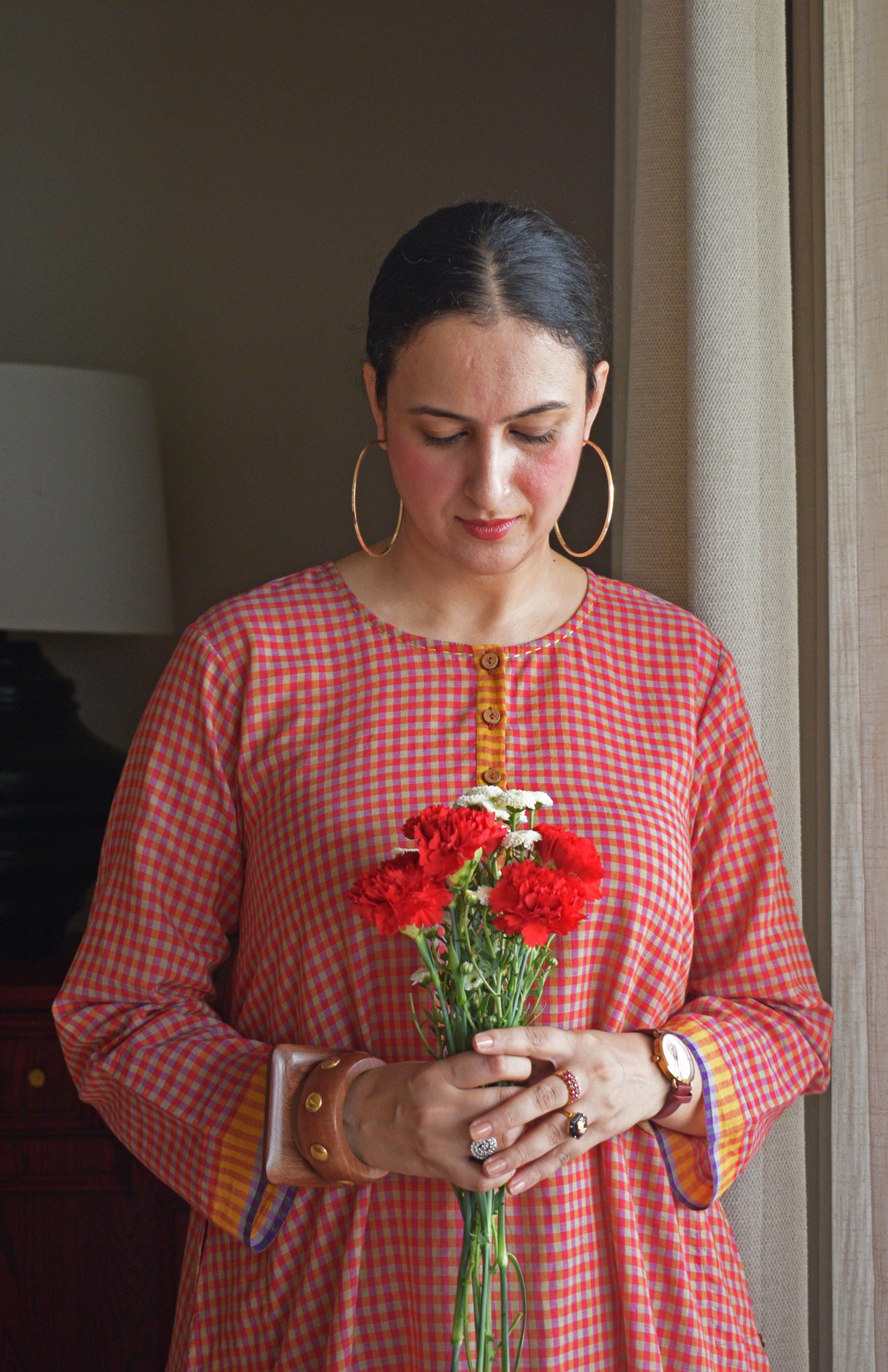 Rust Orange A line Kurta with Round Neck in Handwoven checks