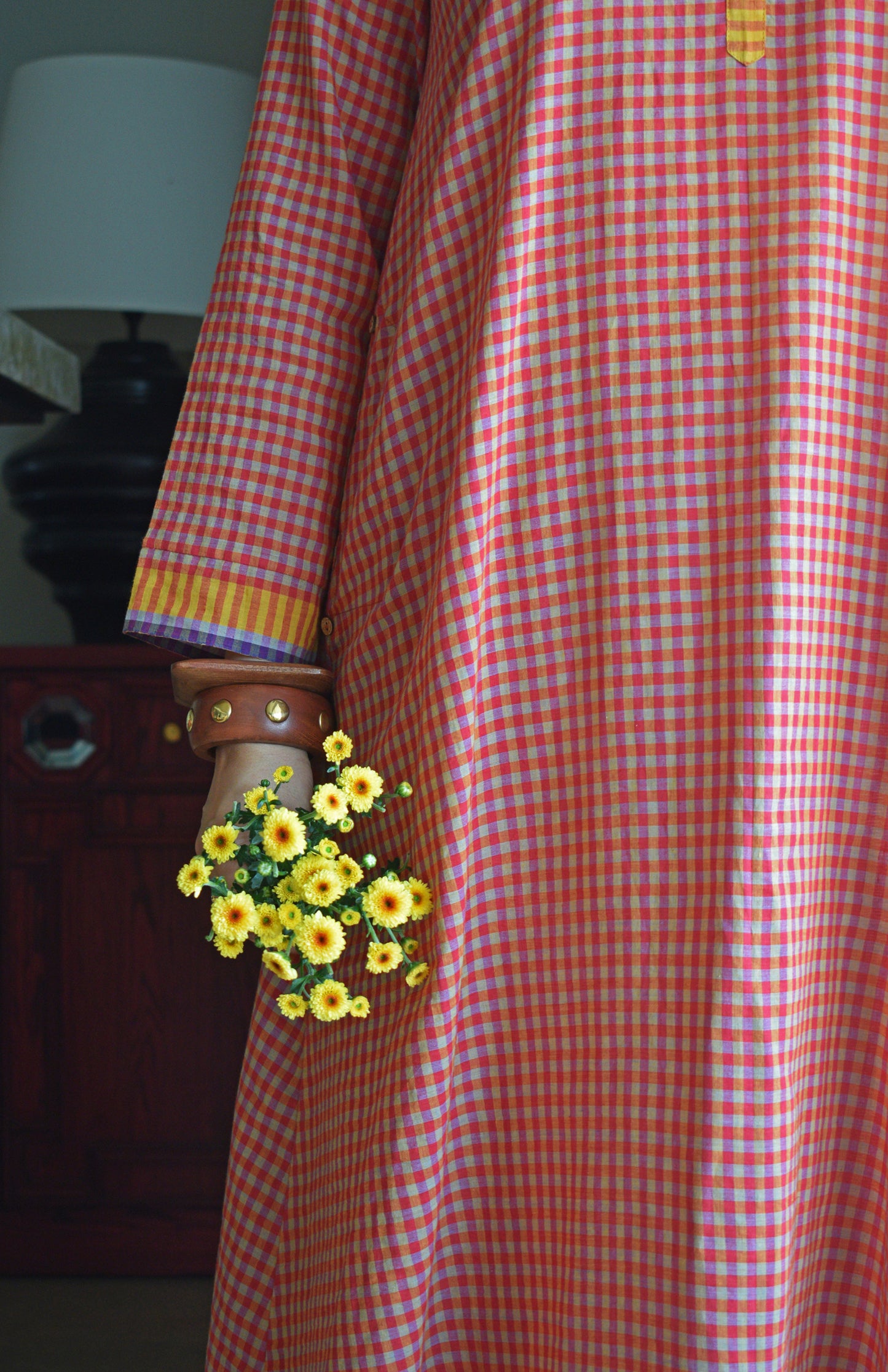 Rust Orange A line Kurta with Round Neck in Handwoven checks