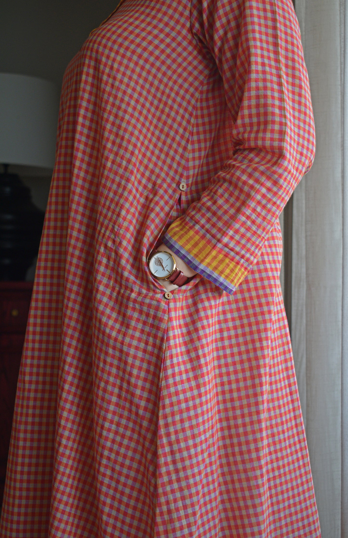 Rust Orange A line Kurta with Round Neck in Handwoven checks