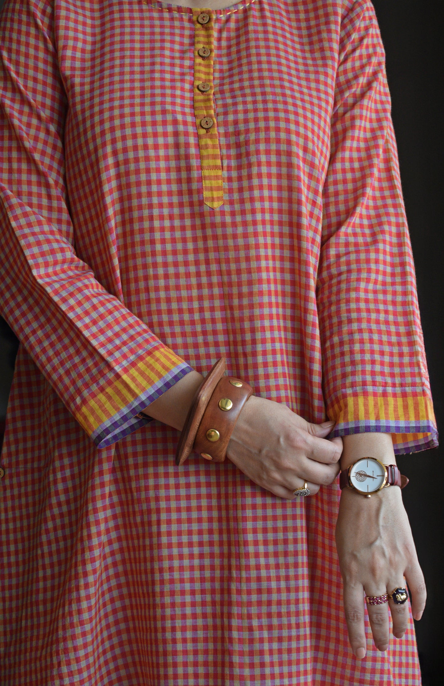 Rust Orange A line Kurta with Round Neck in Handwoven checks