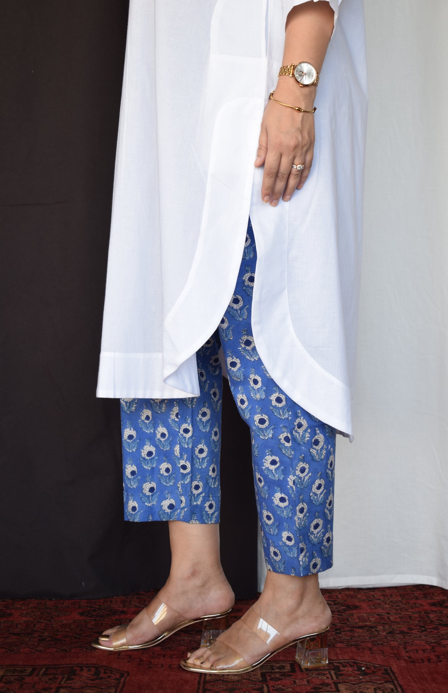 Blue Hand Block Printed Straight Fit Pants