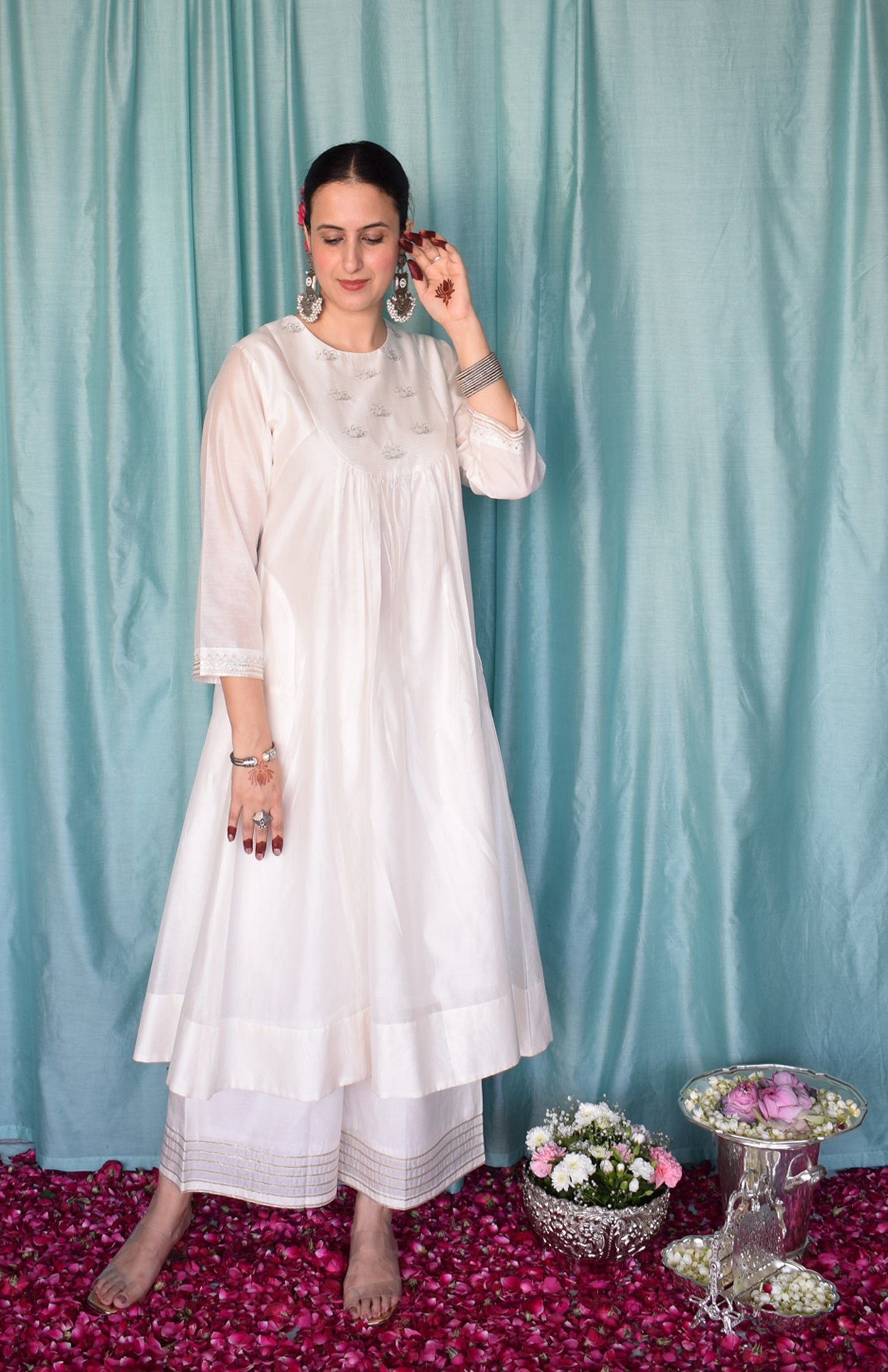 Sufi Chanderi Set with Hand Embroidered Yoke and Wide Legged Pyjama