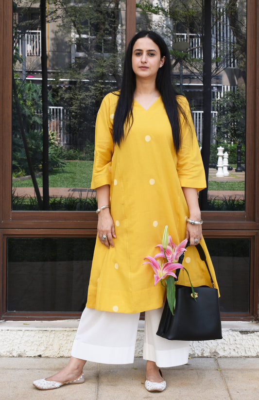 Yellow Polka Dot Jamdani phiran