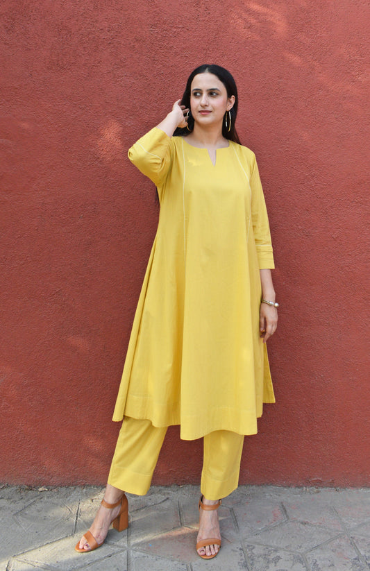 Yellow A line Cotton Kurta with Panels and yellow pajama
