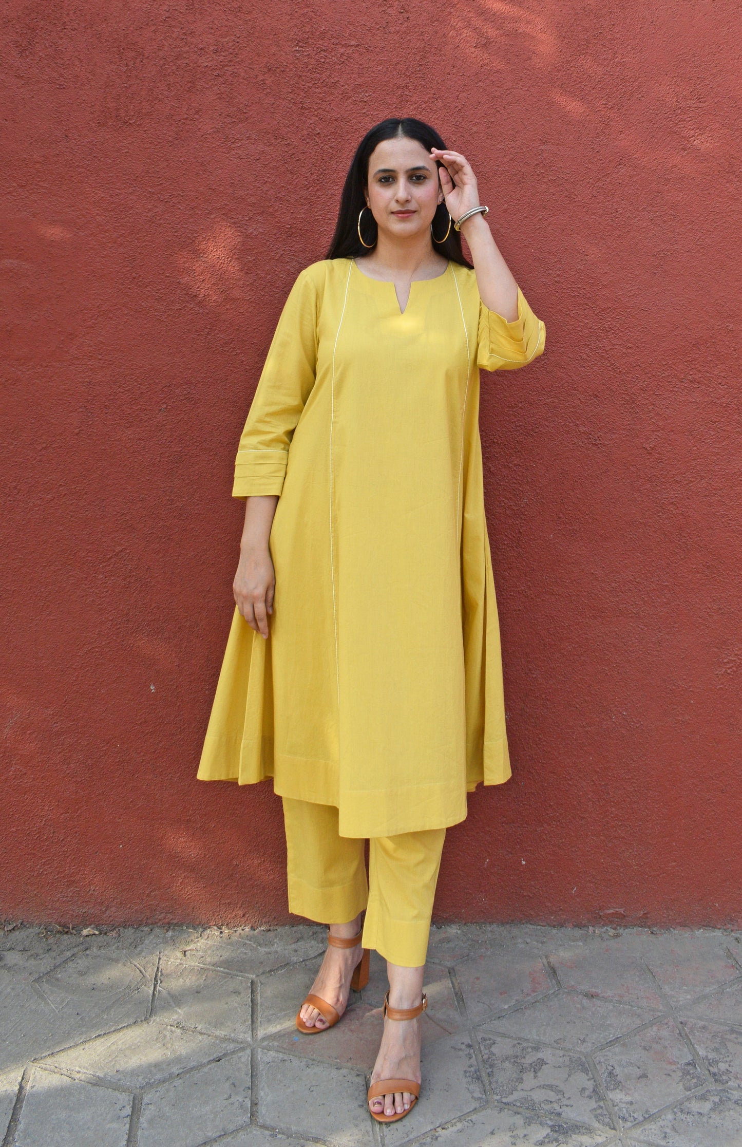 Yellow A line Cotton Kurta with Panels and yellow pajama