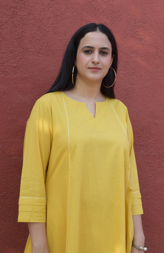 Yellow A line cotton kurta with panels