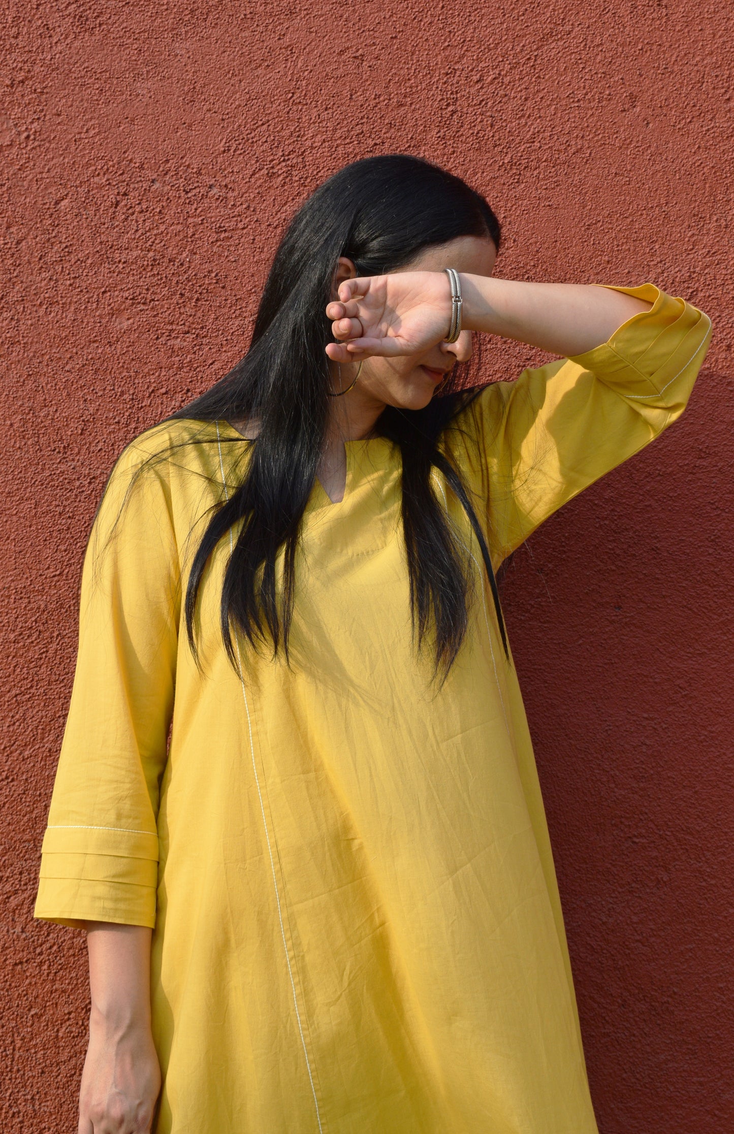 Yellow A line cotton kurta with panels