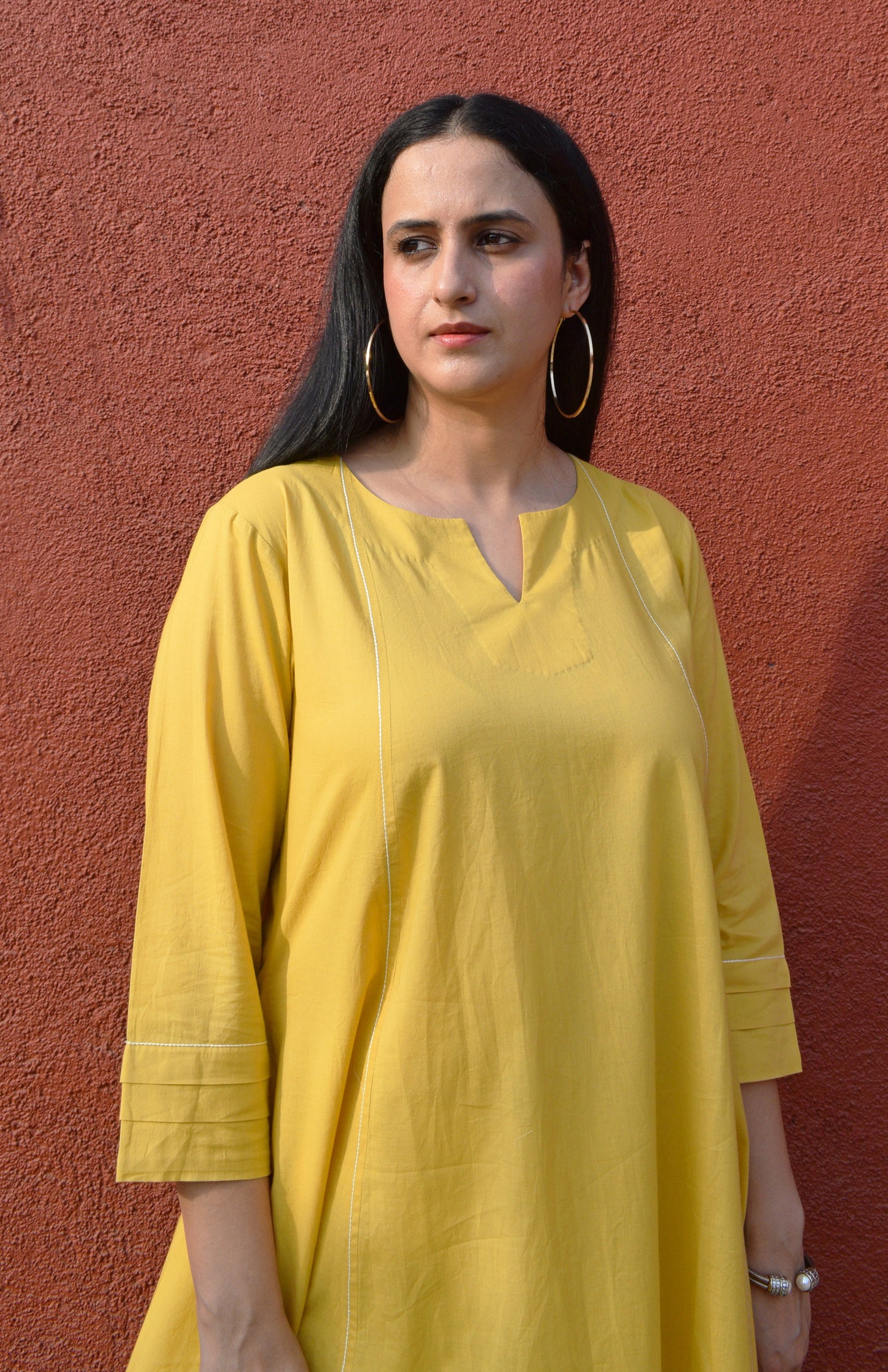 Yellow A line cotton kurta with panels