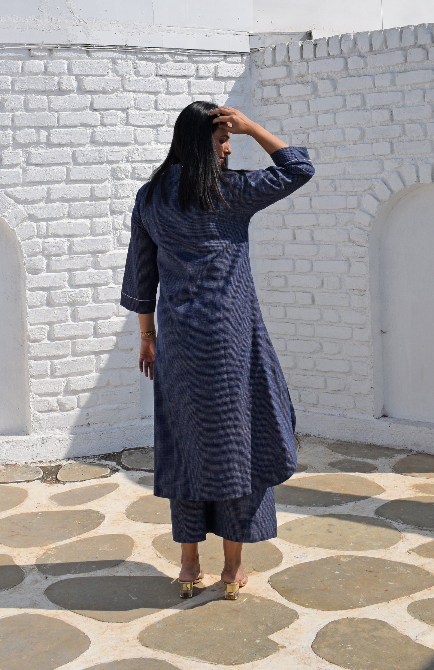 Dark Blue Kurta with Raglan sleeve in Handwoven Checks