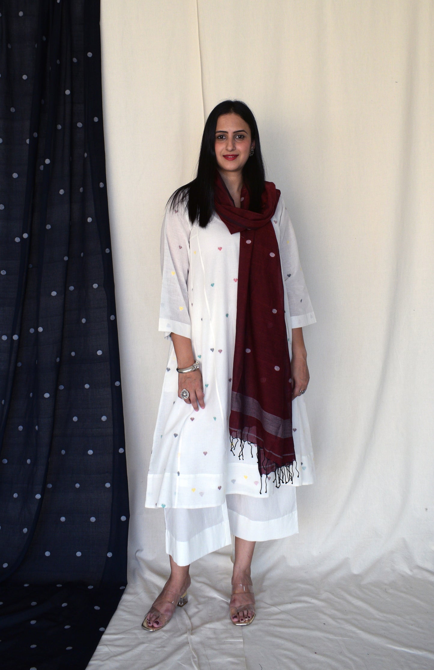 Pearl White Jamdani Phiran with Off White Pyjama