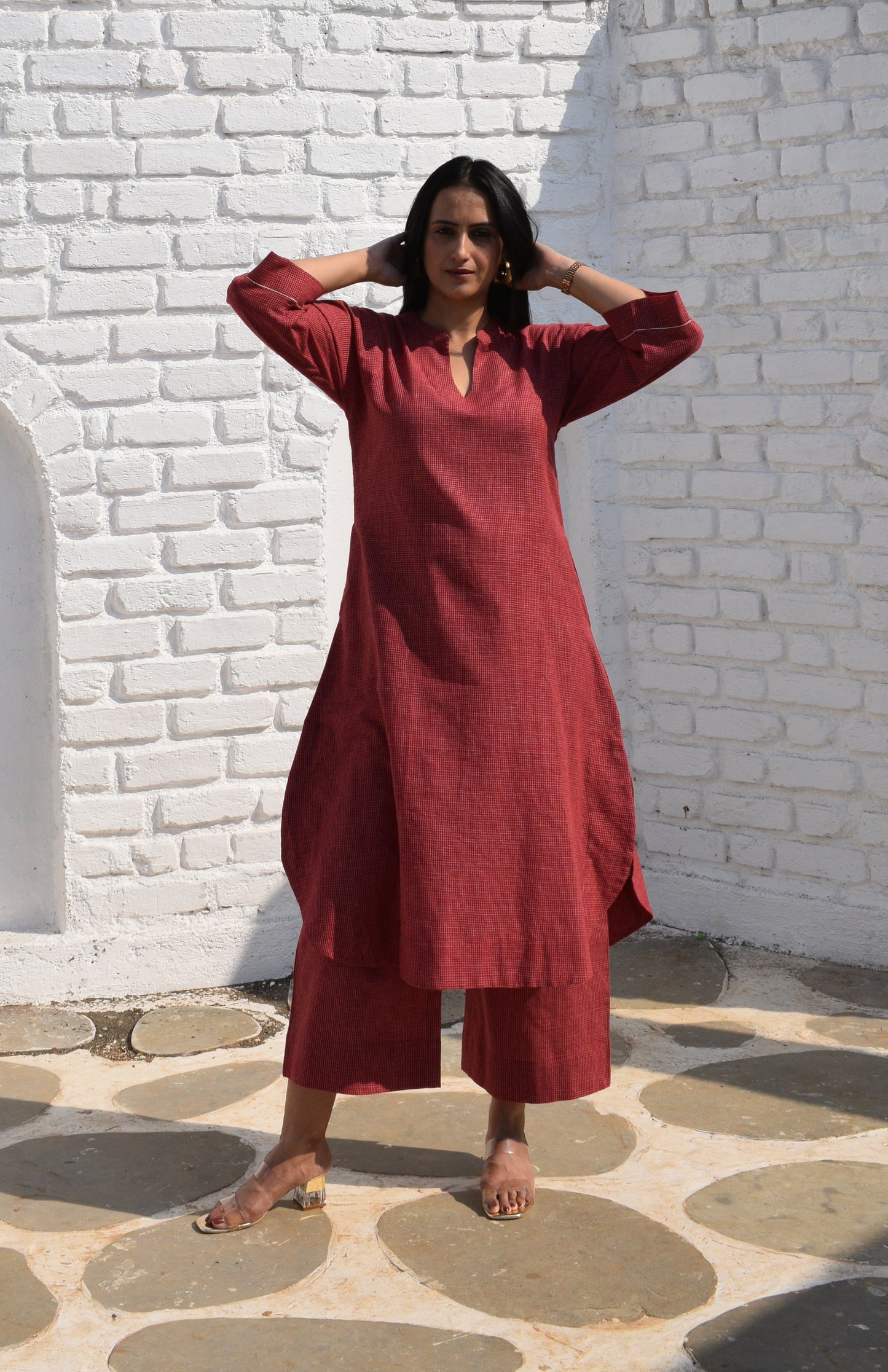 Maroon Kurta set with Raglan sleeve and Wide-legged Pyjama in Handwoven Checks