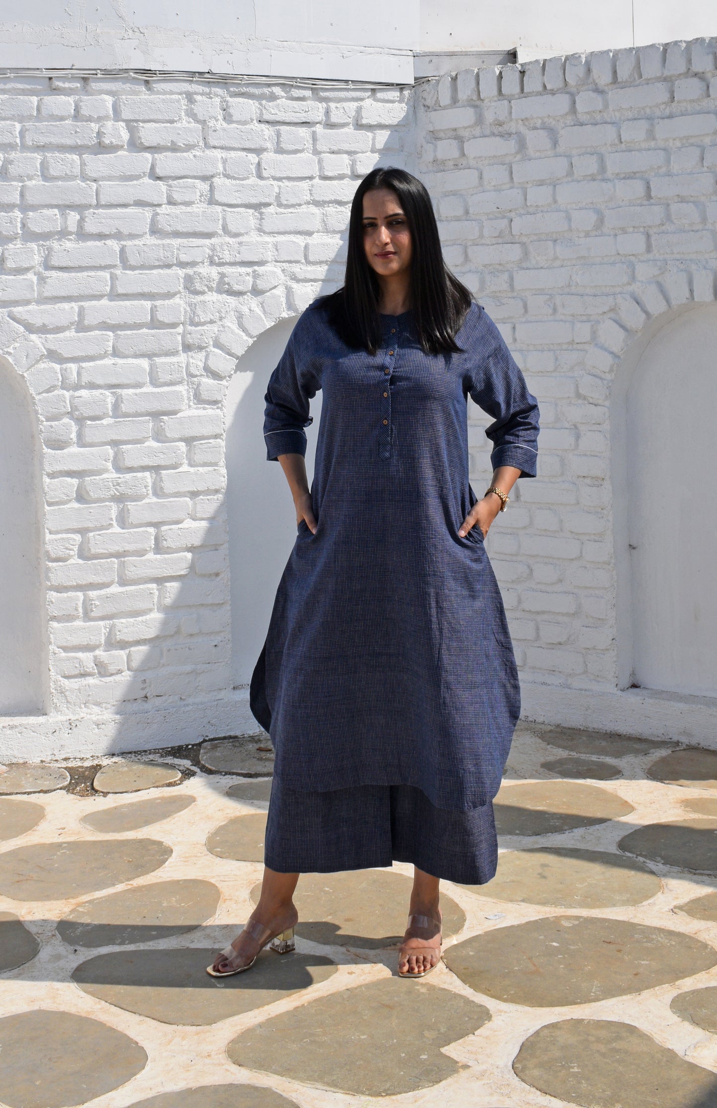 Dark Blue Kurta with Raglan sleeve & Placket and Wide-legged Pyjama in Handwoven Checks