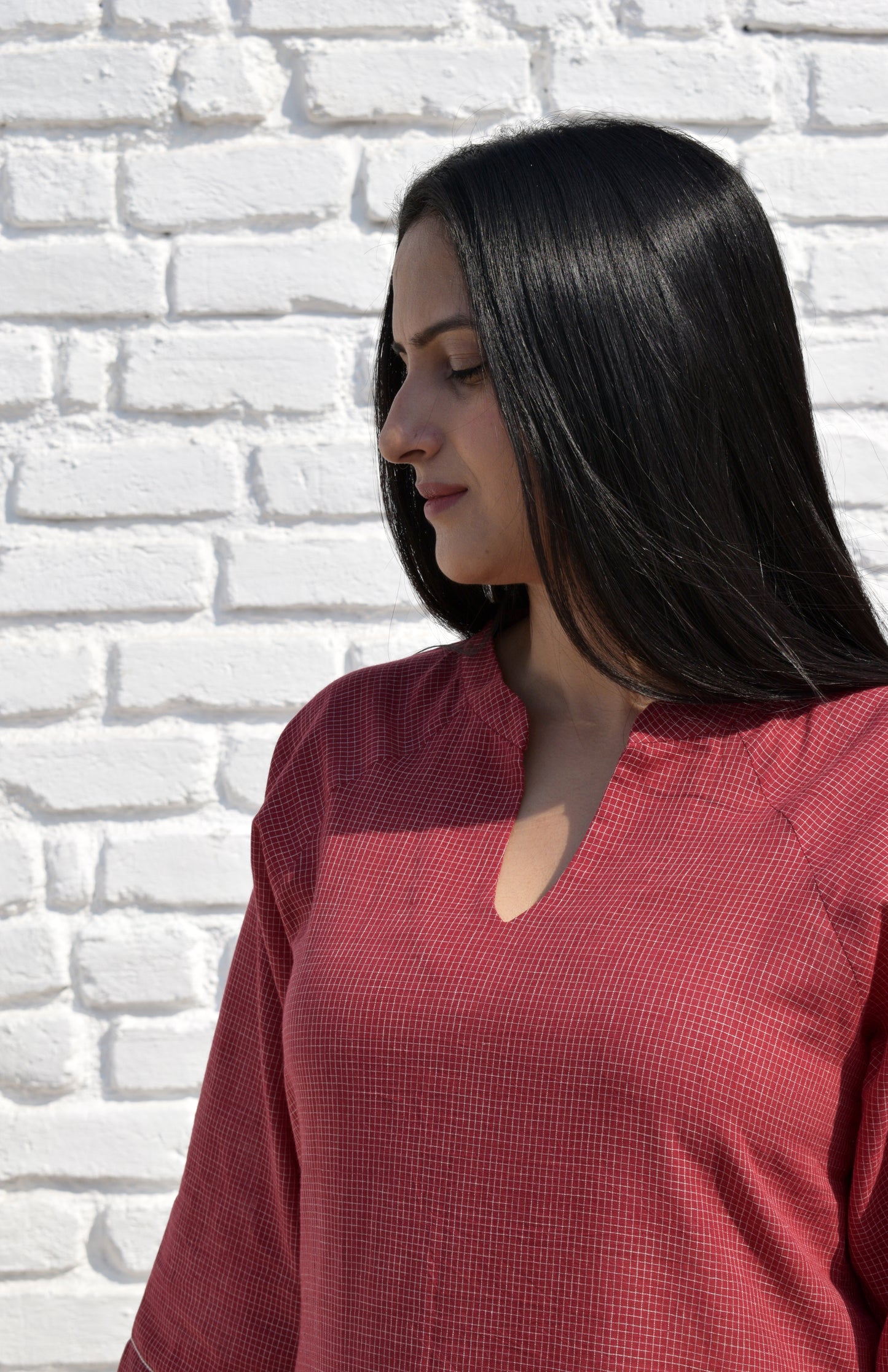 Maroon Kurta set with Raglan sleeve and Wide-legged Pyjama in Handwoven Checks