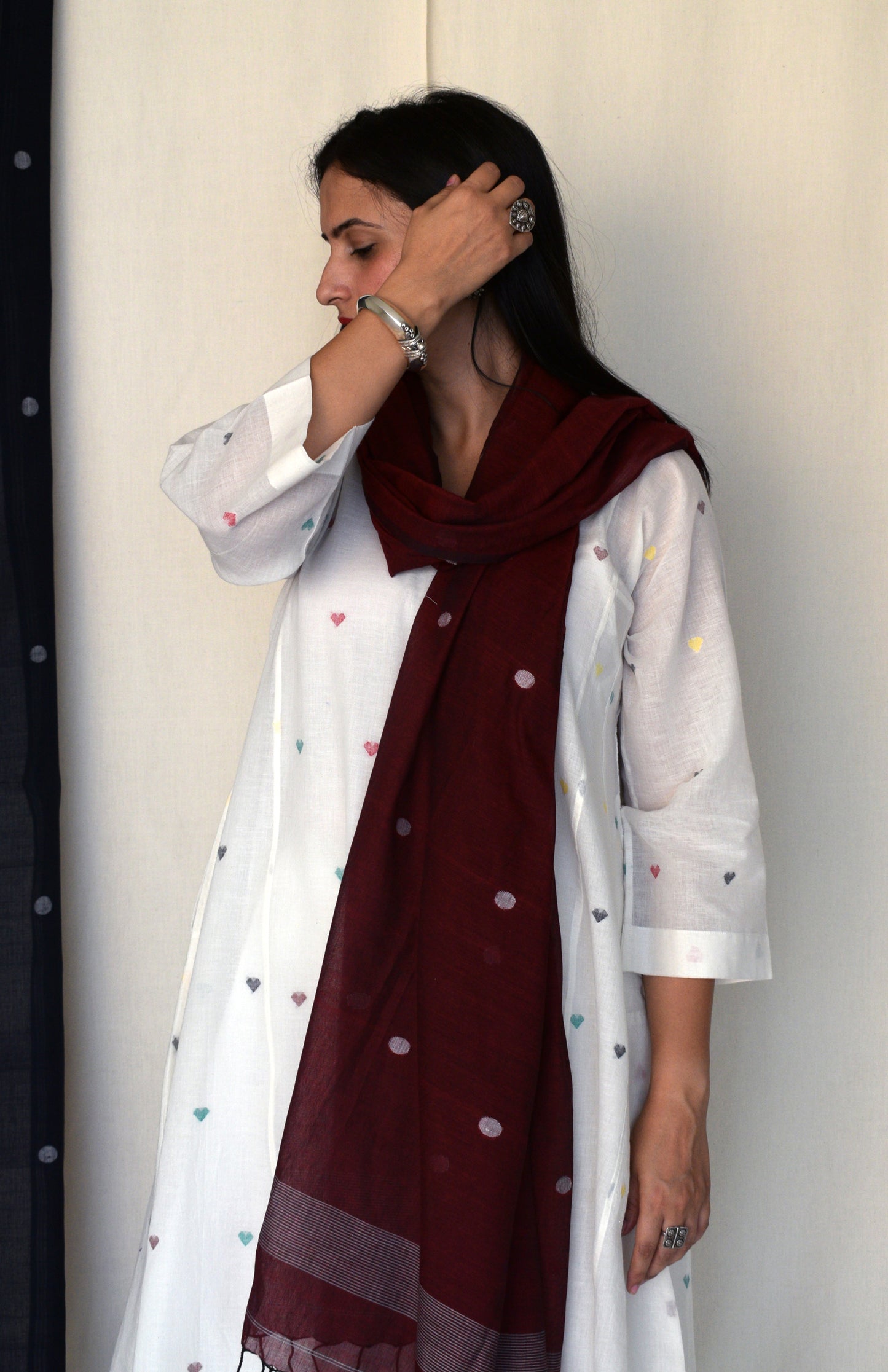 Pearl White Jamdani Phiran with Off White Pyjama