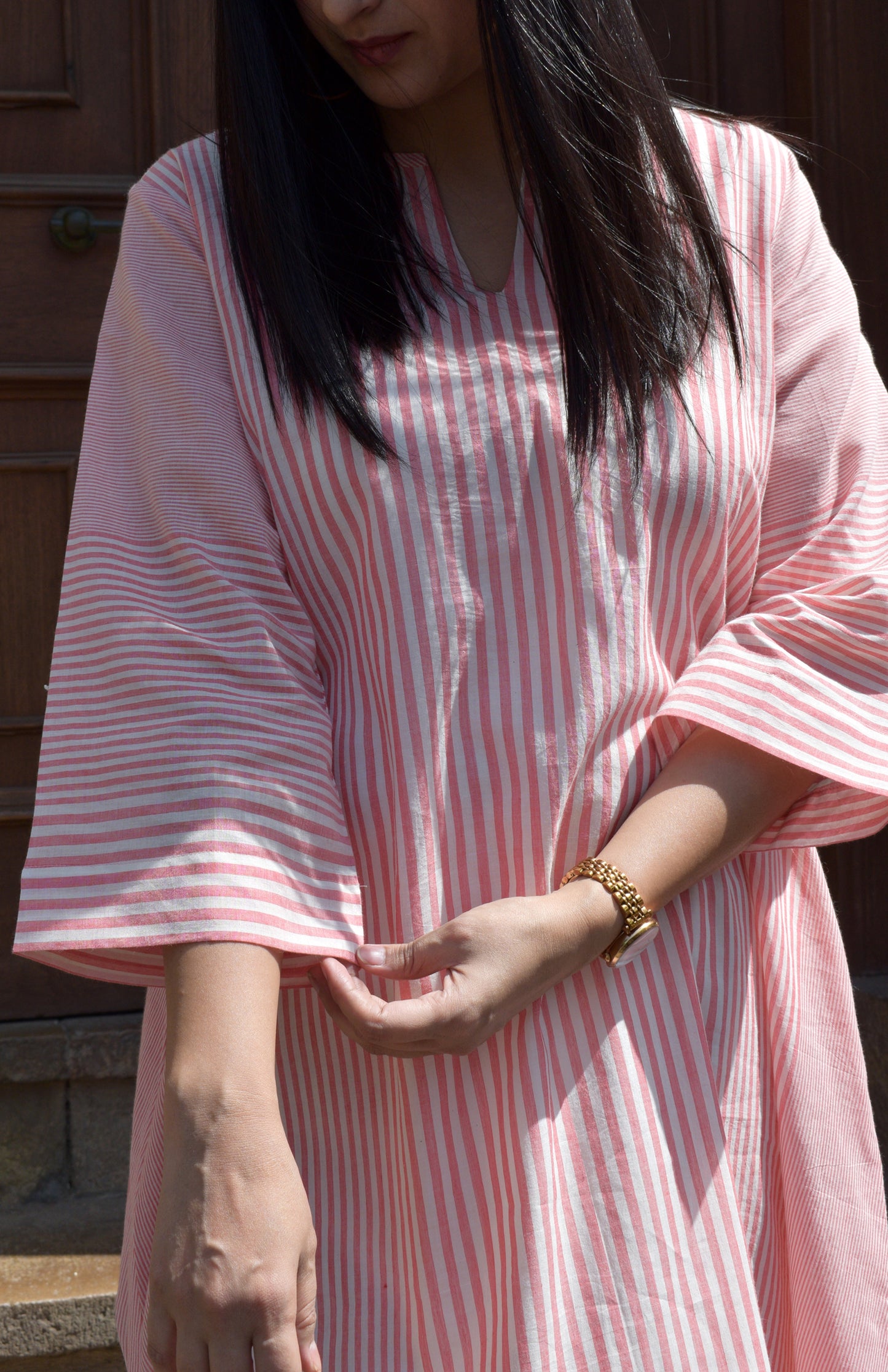 Coral Stripe A line kurta in Handwoven cotton