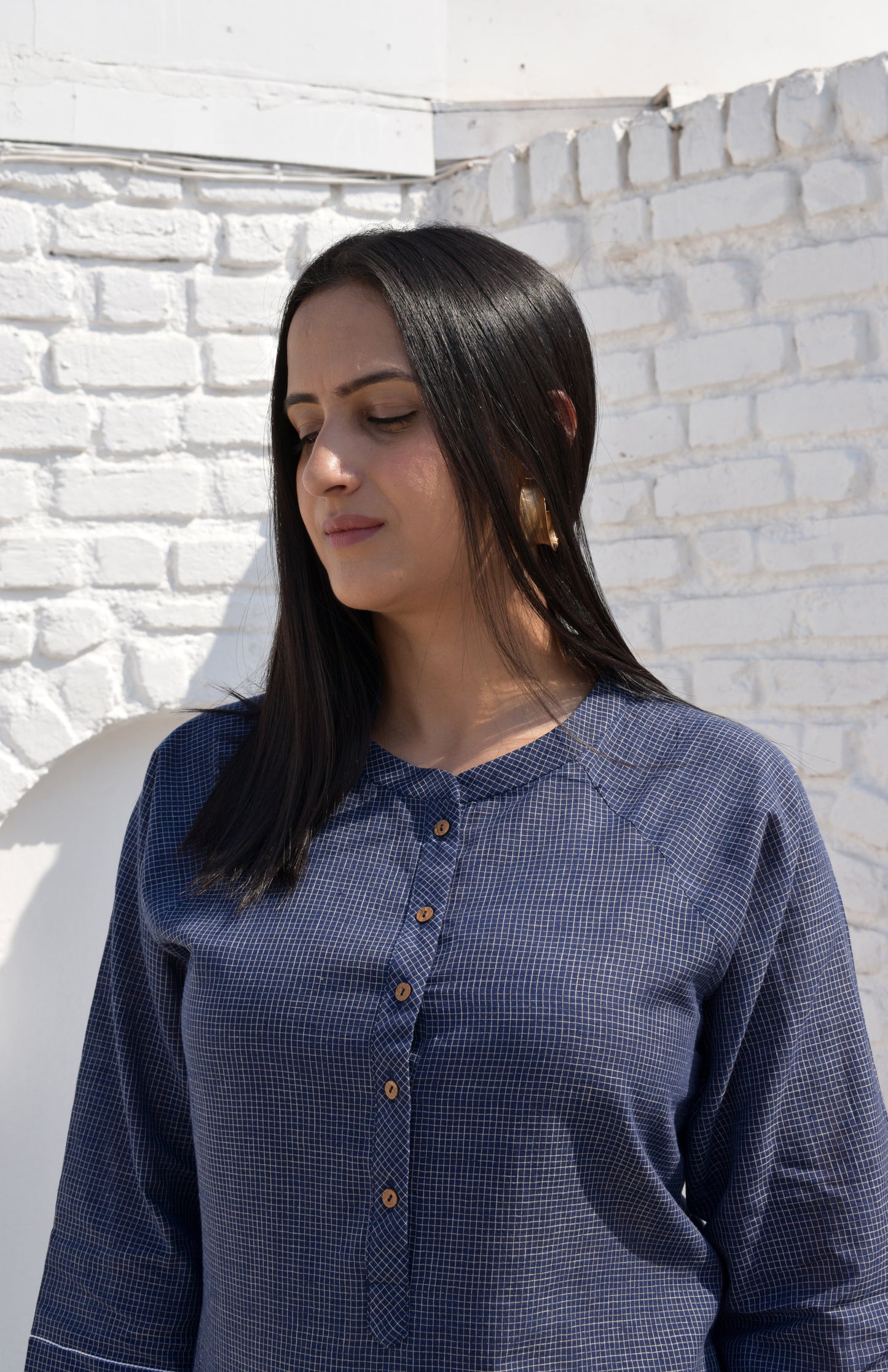 Dark Blue Kurta with Raglan sleeve in Handwoven Checks