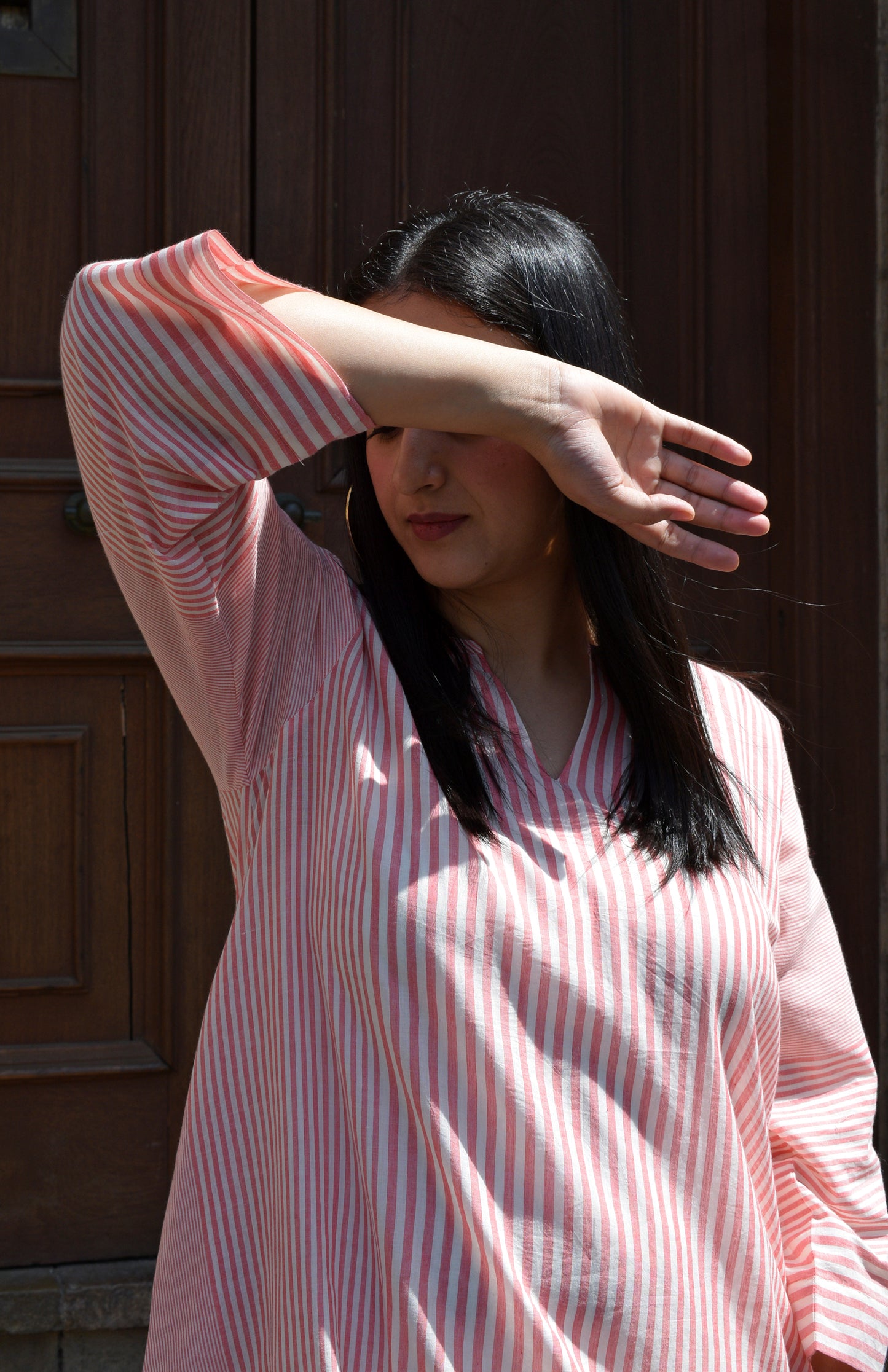 Coral Stripe A line kurta in Handwoven cotton