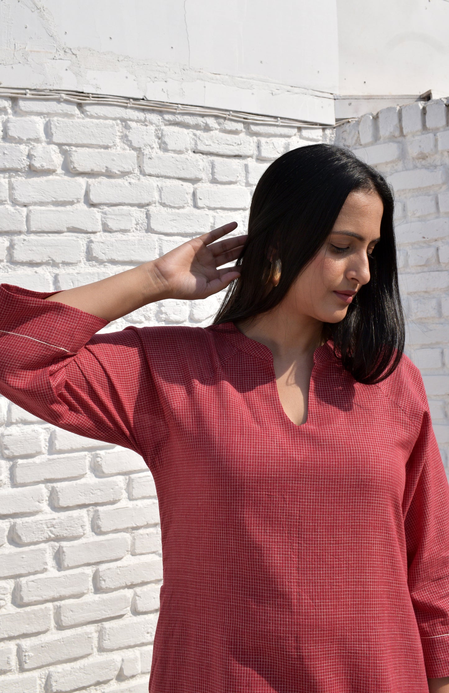 Maroon Kurta set with Raglan sleeve and Wide-legged Pyjama in Handwoven Checks