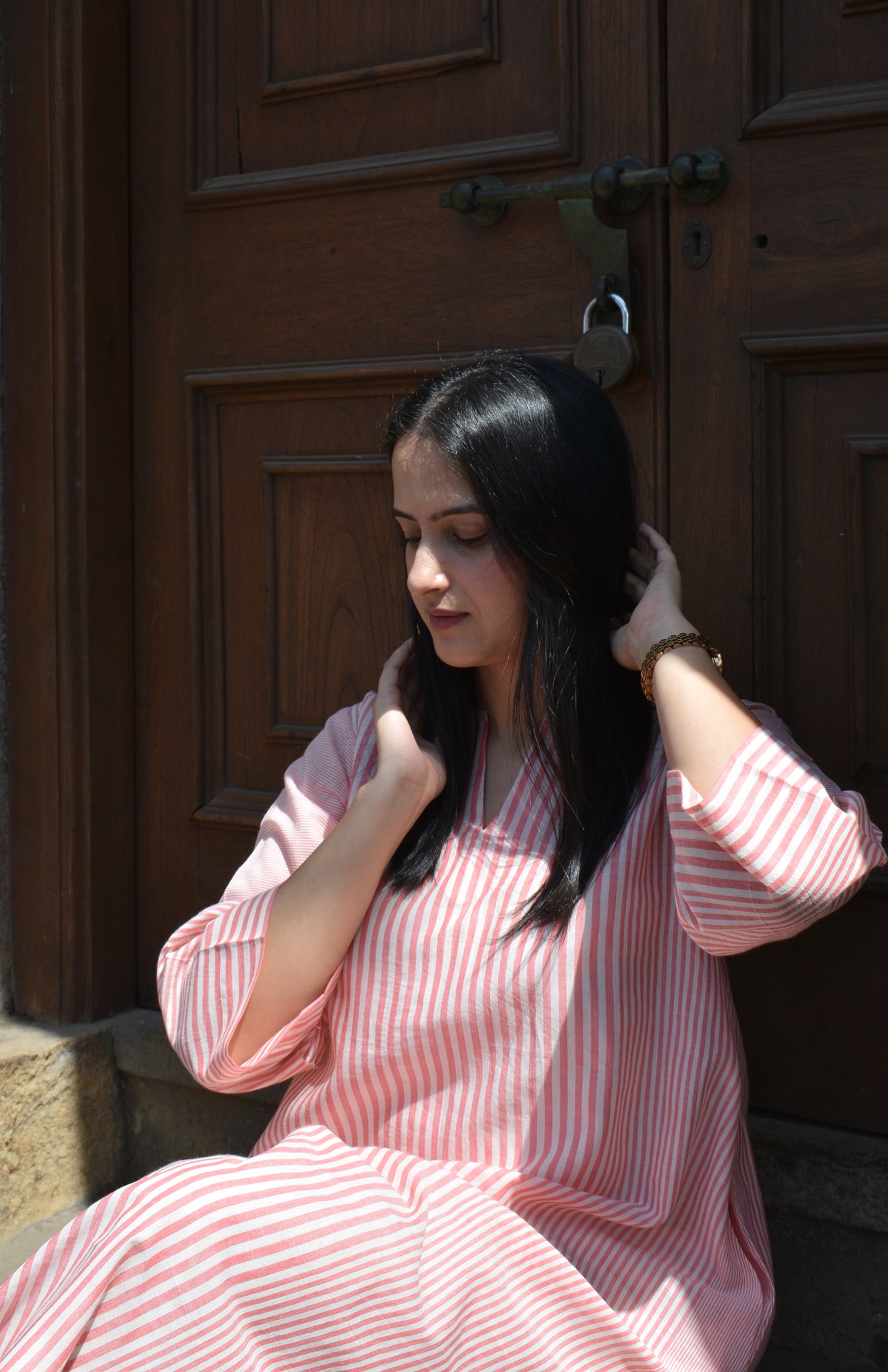 Coral Stripe A line kurta in Handwoven cotton