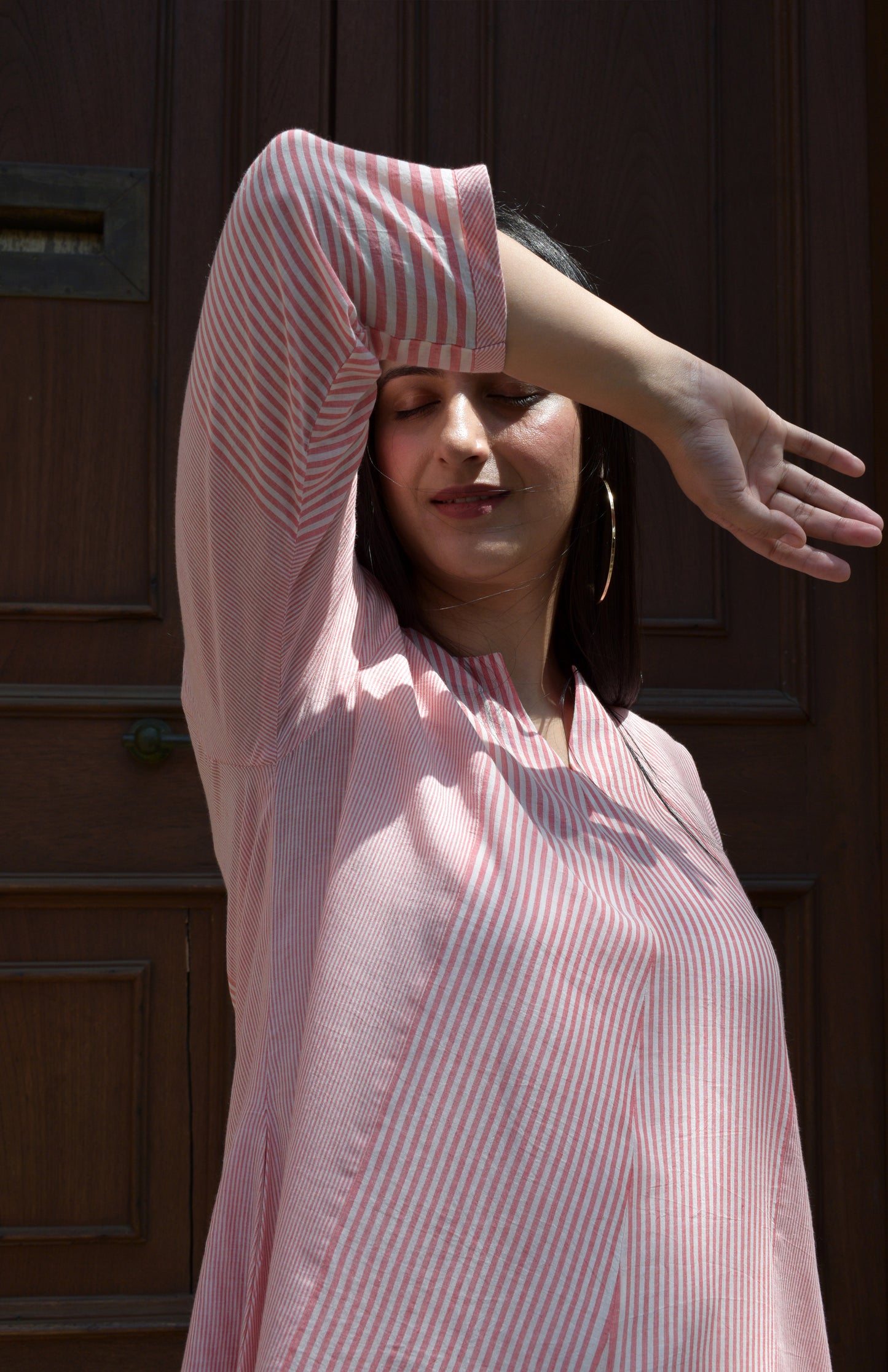 Coral Stripe Bias Paneled kurta in Handwoven cotton